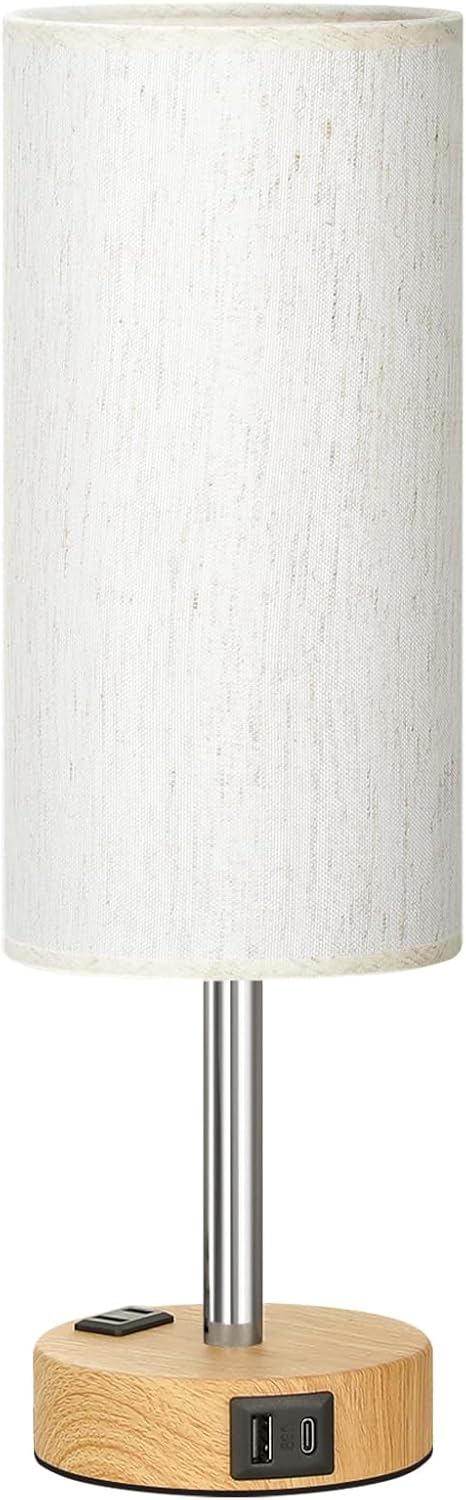 Bedside Table Lamp – 3-Way Dimmable Touch Lamp with USB-C Charging Port & AC Outlet | Wood Base, Fabric Shade, LED Bulb Included