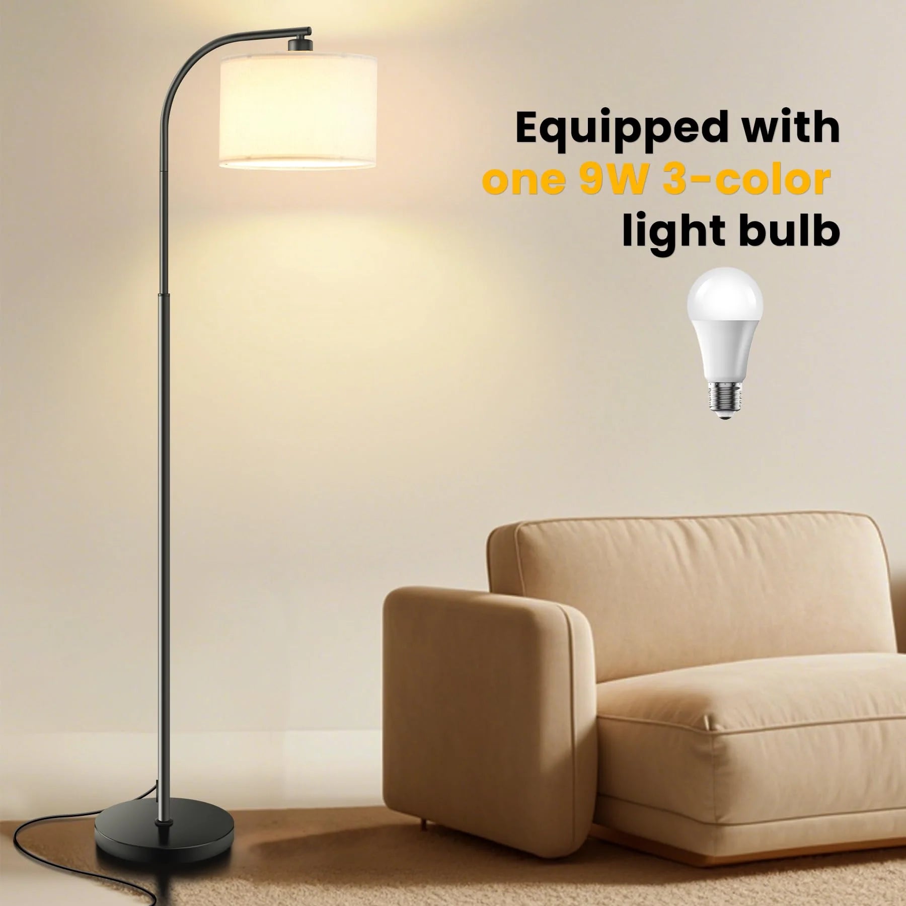 Tall Floor Lamp for Living Room, 65" Modern Standing Lamps with 9W LED Bulb, Elegant Floor Light with Fabric Shade Gold Tall Lamp for Bedroom Office Study Room Corner Dining Room