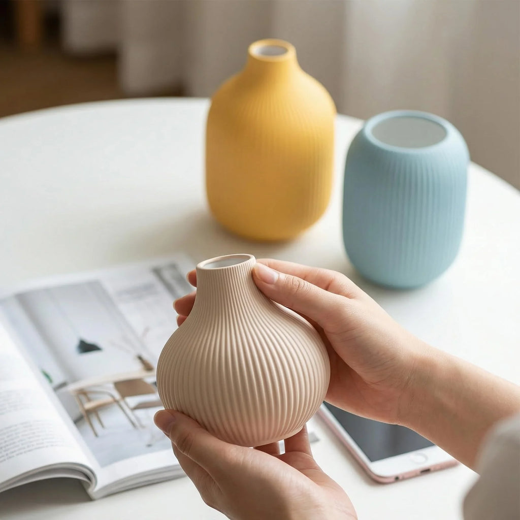 Ceramic Vases Set of 3 – Modern Matte Ribbed Vases for Pampas Grass & Dried Flowers | Boho, Farmhouse & Minimalist Home Decor