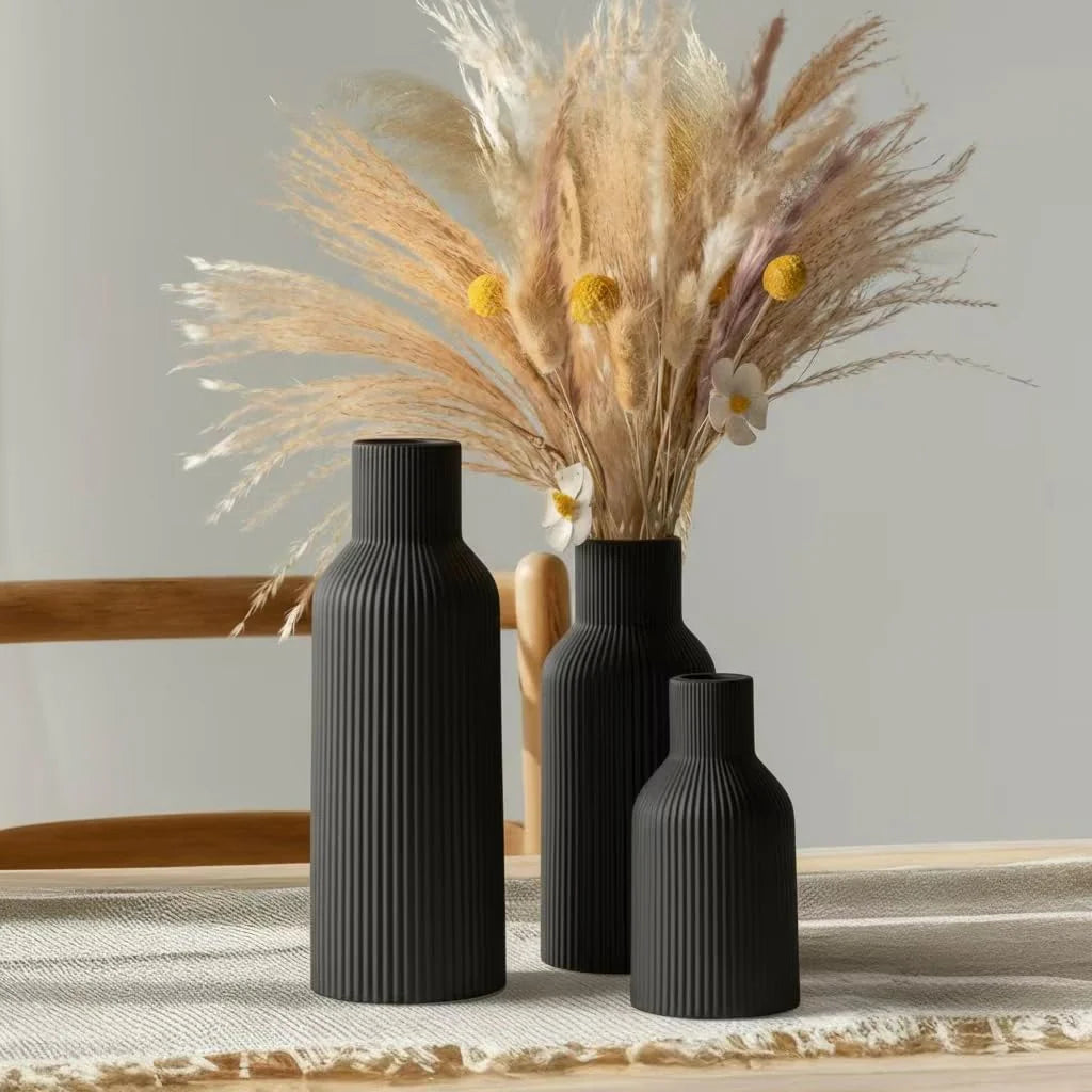 Ceramic Vases Set of 3 – Modern Matte Ribbed Vases for Pampas Grass & Dried Flowers | Boho, Farmhouse & Minimalist Home Decor