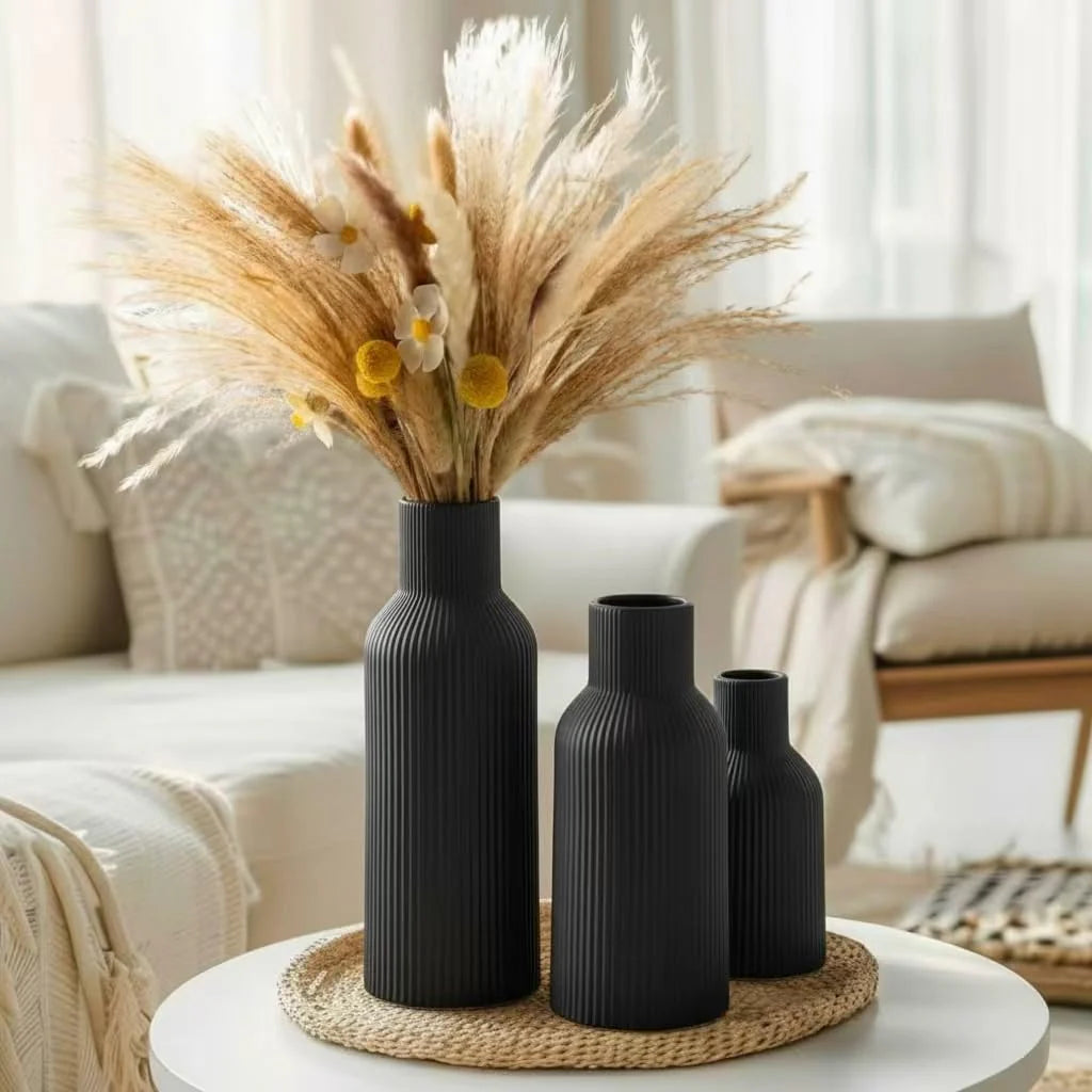 Ceramic Vases Set of 3 – Modern Matte Ribbed Vases for Pampas Grass & Dried Flowers | Boho, Farmhouse & Minimalist Home Decor