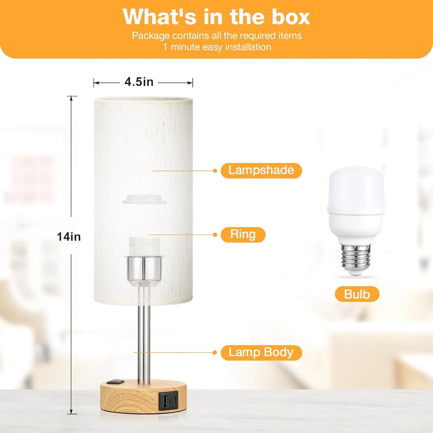 Bedside Table Lamp – 3-Way Dimmable Touch Lamp with USB-C Charging Port & AC Outlet | Wood Base, Fabric Shade, LED Bulb Included