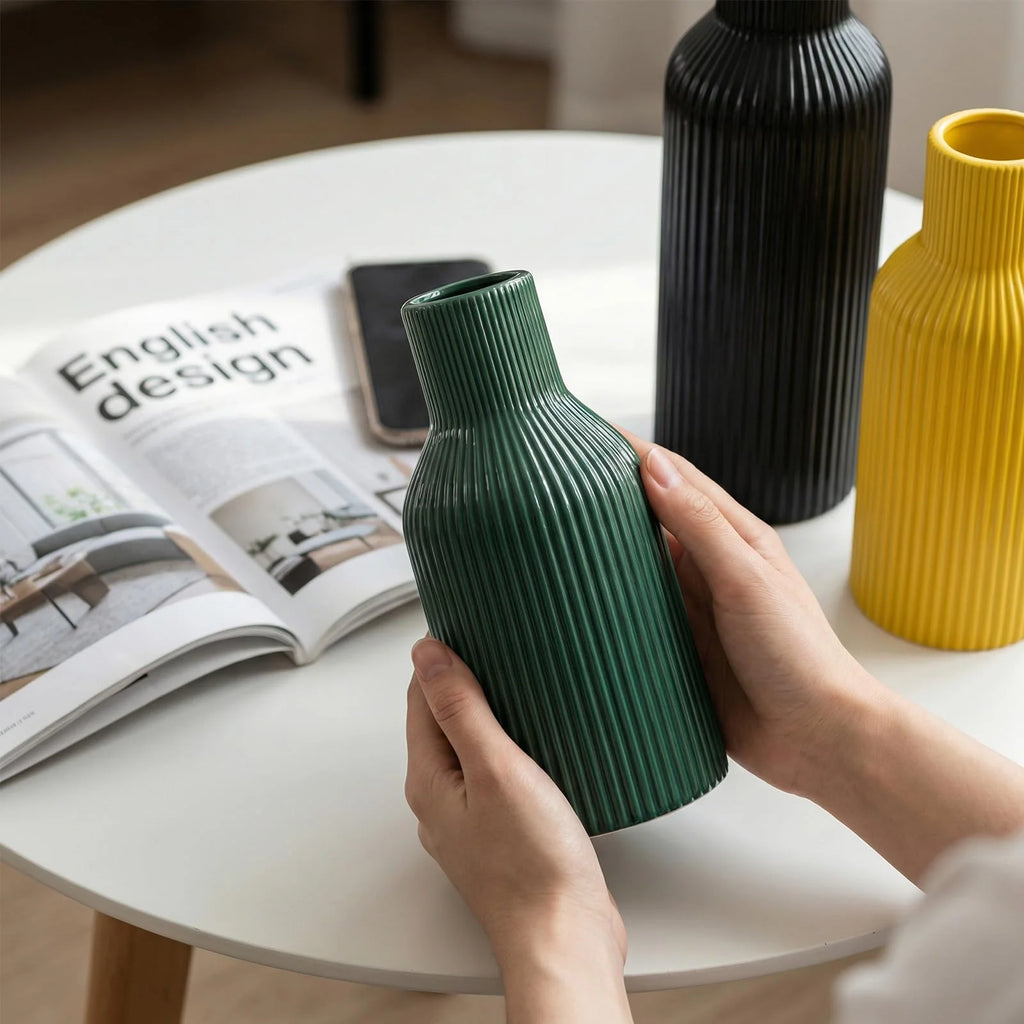 Ceramic Vases Set of 3 – Modern Matte Ribbed Vases for Pampas Grass & Dried Flowers | Boho, Farmhouse & Minimalist Home Decor