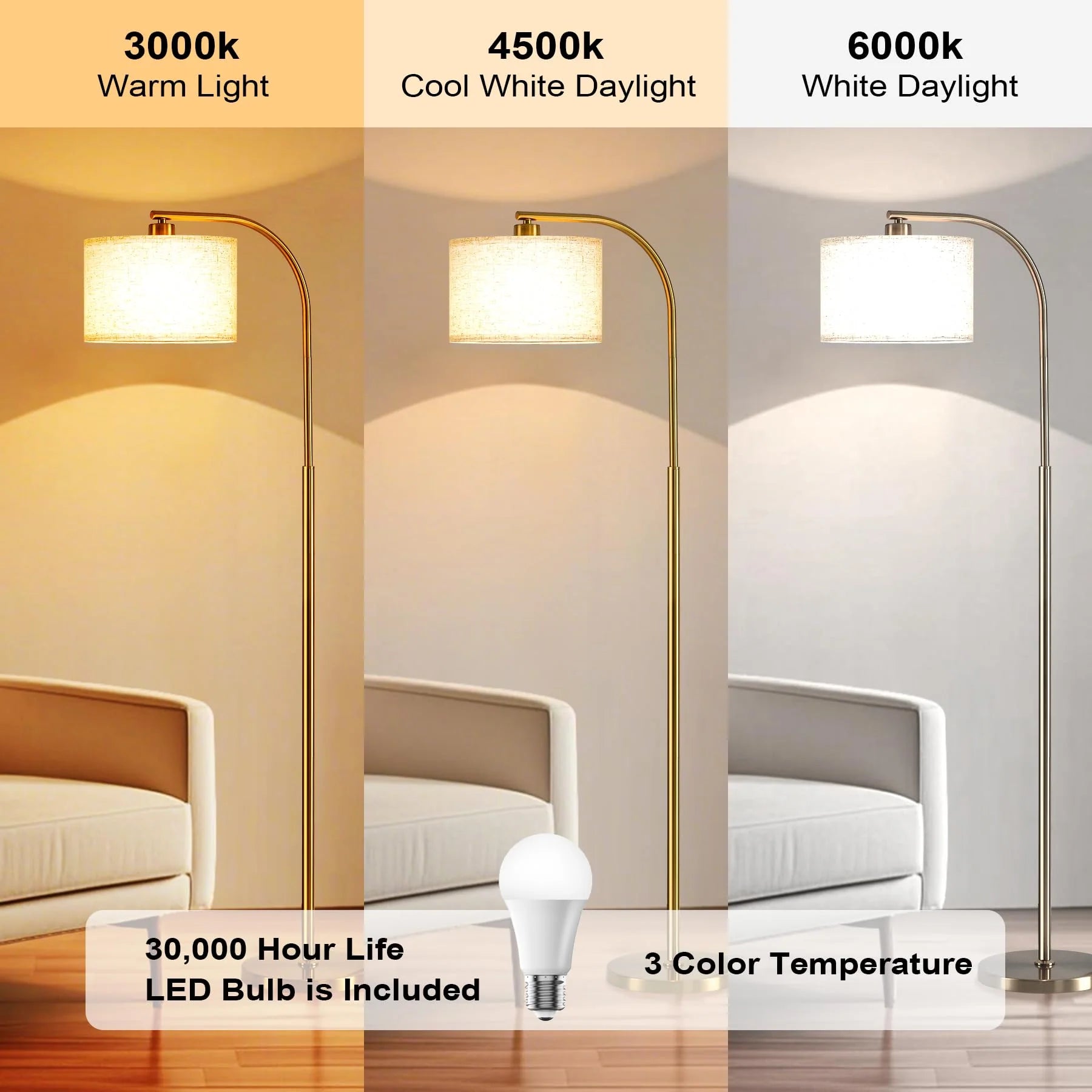 Tall Floor Lamp for Living Room, 65" Modern Standing Lamps with 9W LED Bulb, Elegant Floor Light with Fabric Shade Gold Tall Lamp for Bedroom Office Study Room Corner Dining Room