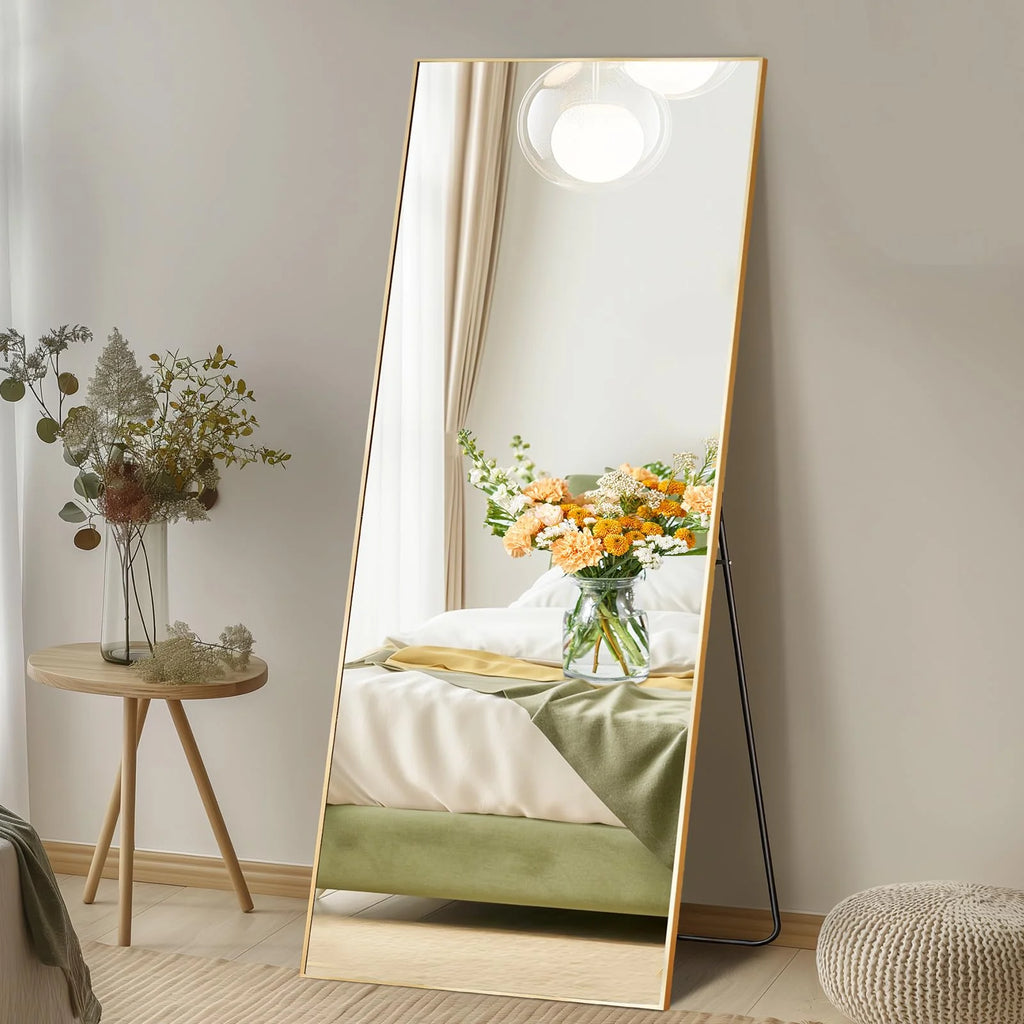 DUMOS Arched Full Length Mirror with Stand 64"x21" Floor Standing Aluminum Frame for Bedroom Body Hanging Leaning Modern Simple Home Decor Shatter-proorf Nano Glass Wall Living Room Cloakroom Black