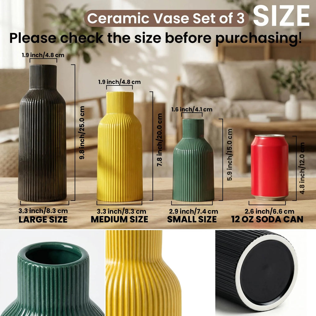 Ceramic Vases Set of 3 – Modern Matte Ribbed Vases for Pampas Grass & Dried Flowers | Boho, Farmhouse & Minimalist Home Decor