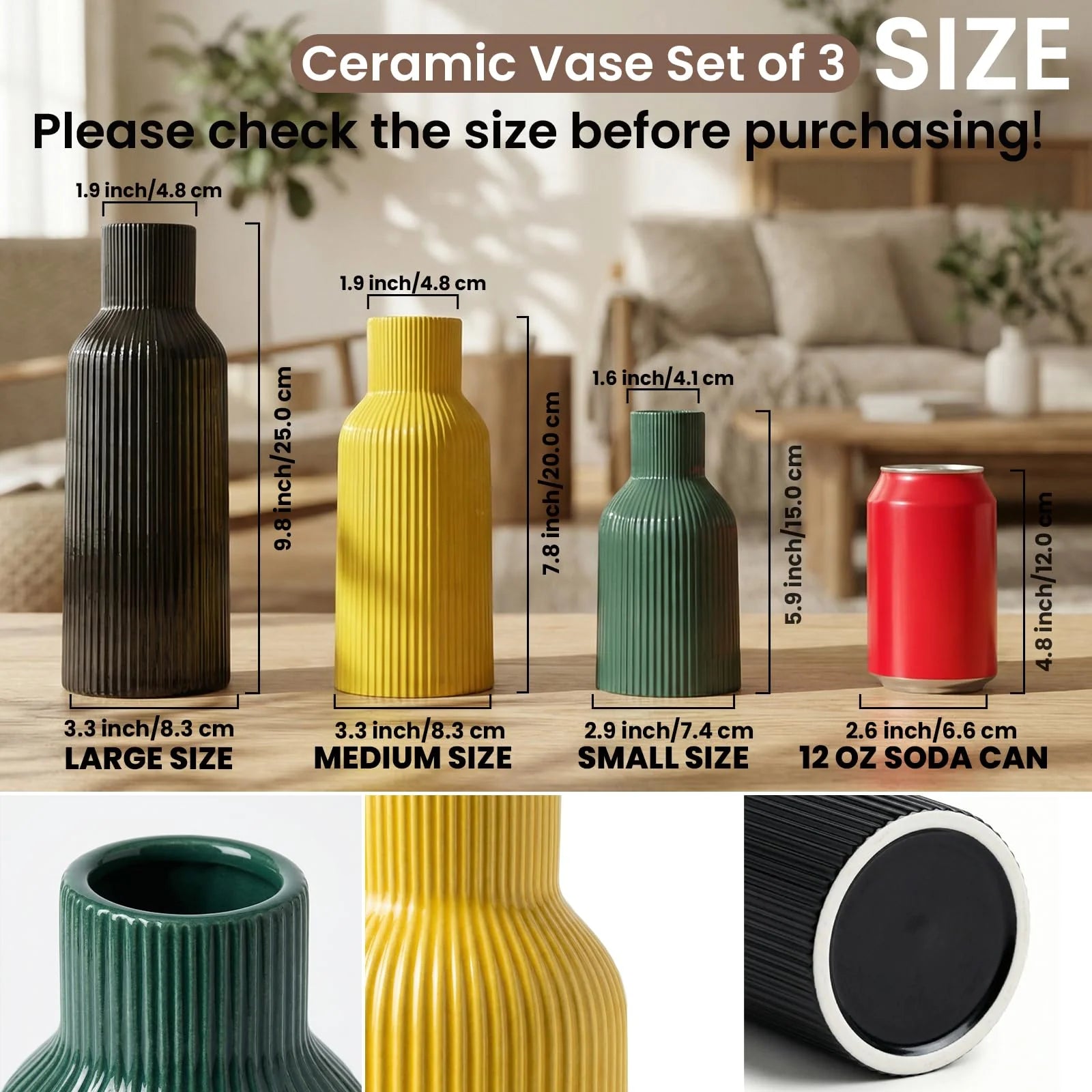 Ceramic Vases Set of 3 – Modern Matte Ribbed Vases for Pampas Grass & Dried Flowers | Boho, Farmhouse & Minimalist Home Decor