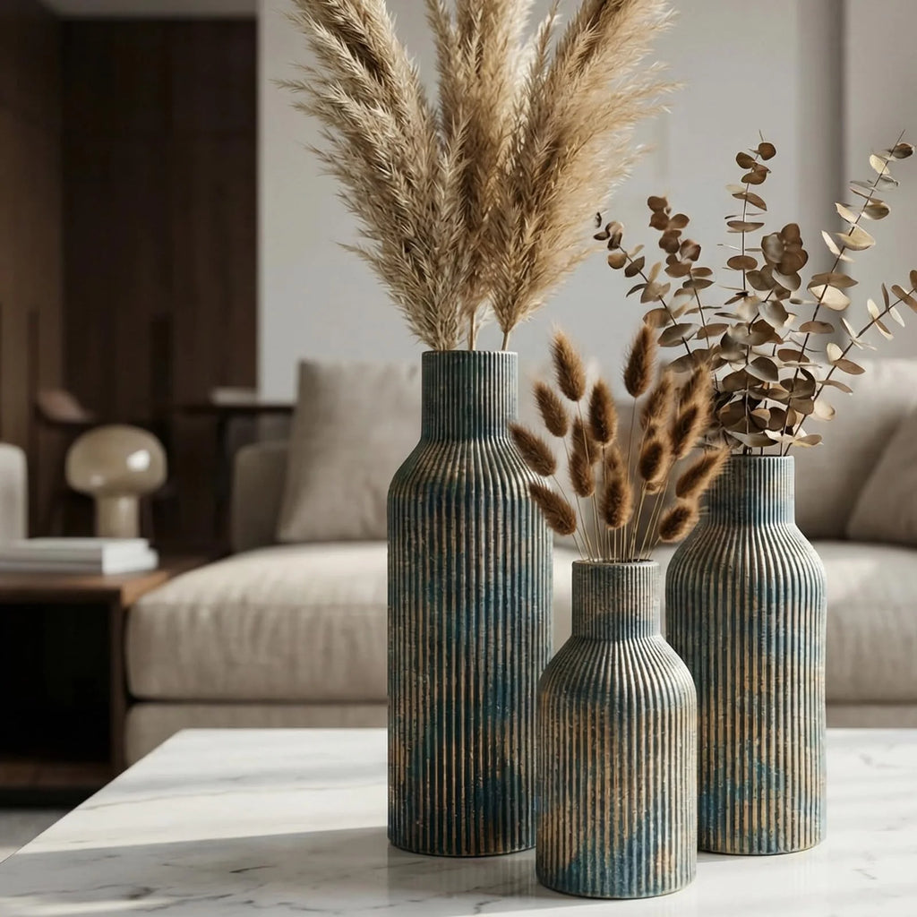 Ceramic Vases Set of 3 – Modern Matte Ribbed Vases for Pampas Grass & Dried Flowers | Boho, Farmhouse & Minimalist Home Decor