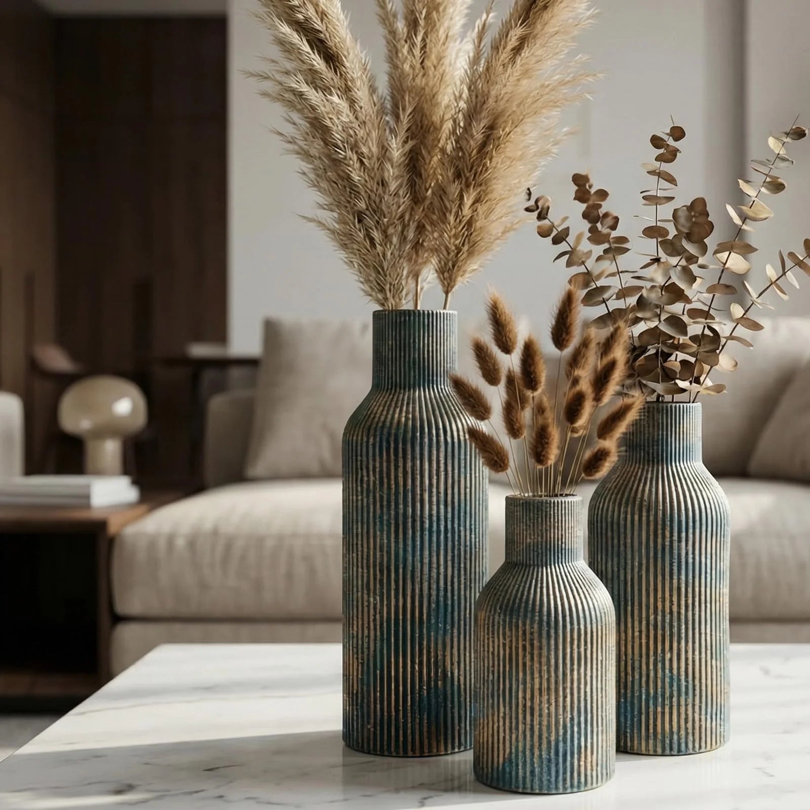 Ceramic Vases Set of 3 – Modern Matte Ribbed Vases for Pampas Grass & Dried Flowers | Boho, Farmhouse & Minimalist Home Decor