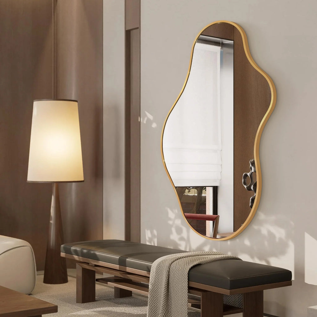 Dorlicecass Irregular Wall Mirror - Wall Mirrors Decorative 22"x 36" Asymmetrical Abstract Mirror Aviation Aluminum Alloy Frame Unique for Bathroom, Bedroom, Living Room, Cloakroom, Entryway Gold