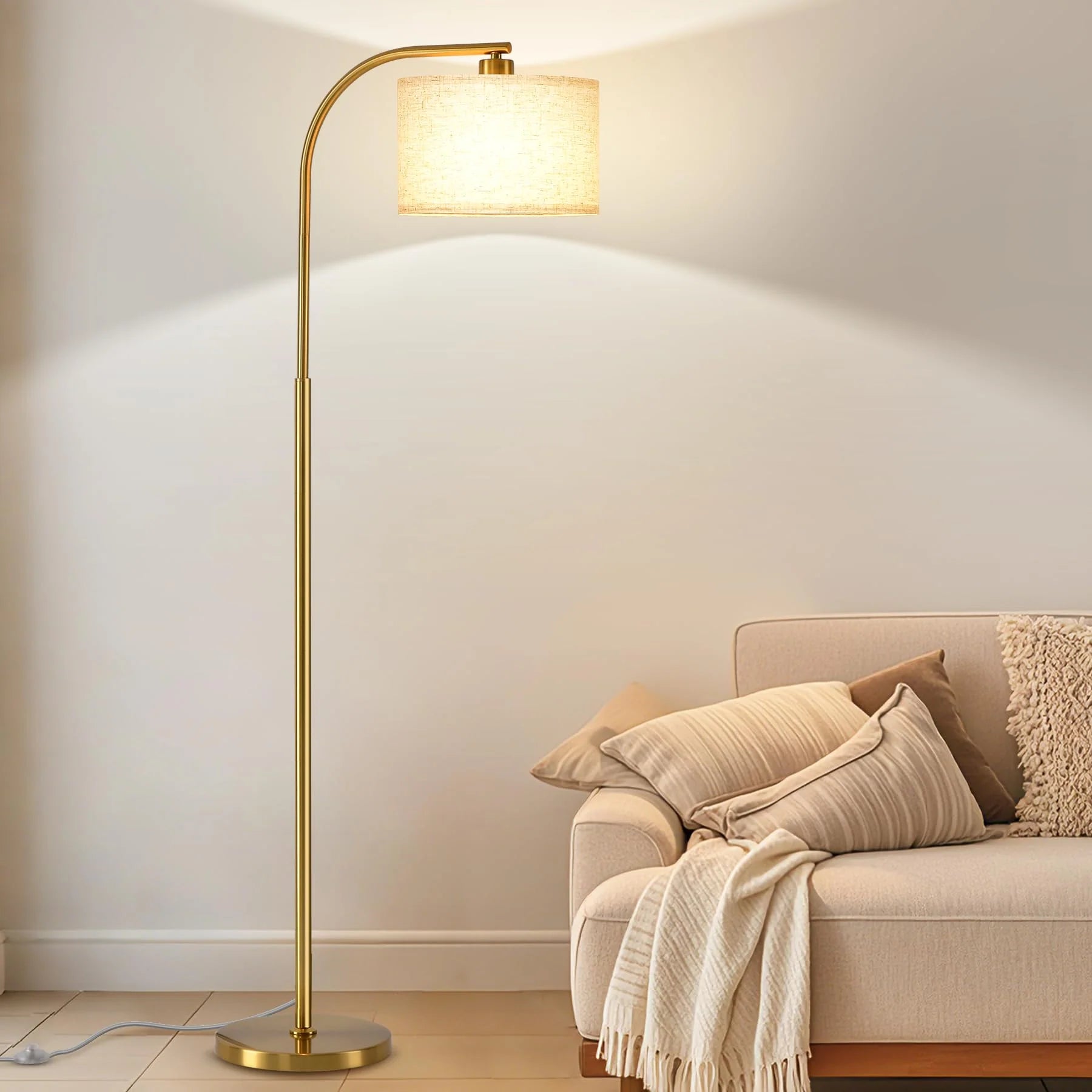 Tall Floor Lamp for Living Room, 65" Modern Standing Lamps with 9W LED Bulb, Elegant Floor Light with Fabric Shade Gold Tall Lamp for Bedroom Office Study Room Corner Dining Room