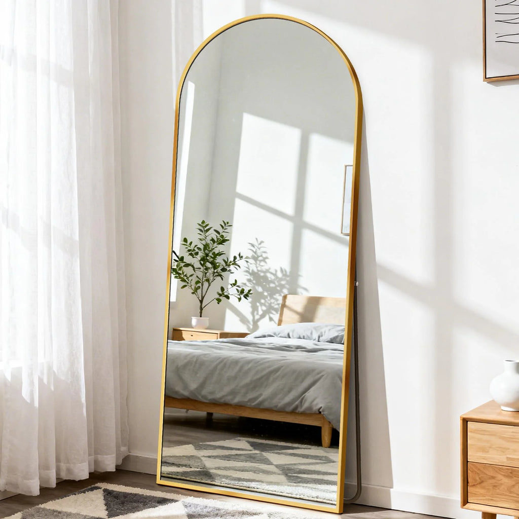 DUMOS Arched Full Length Mirror with Stand 64"x21" Floor Standing Aluminum Frame for Bedroom Body Hanging Leaning Modern Simple Home Decor Shatter-proorf Nano Glass Wall Living Room Cloakroom Black