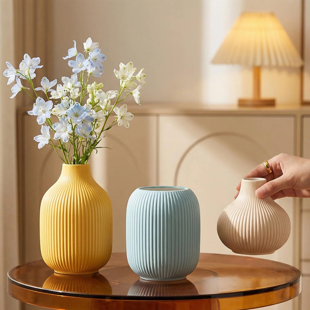 Ceramic Vases Set of 3 – Modern Matte Ribbed Vases for Pampas Grass & Dried Flowers | Boho, Farmhouse & Minimalist Home Decor