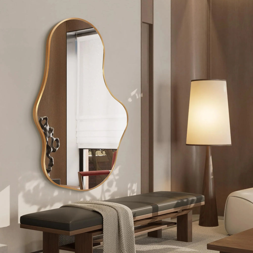 Dorlicecass Irregular Wall Mirror - Wall Mirrors Decorative 22"x 36" Asymmetrical Abstract Mirror Aviation Aluminum Alloy Frame Unique for Bathroom, Bedroom, Living Room, Cloakroom, Entryway Gold