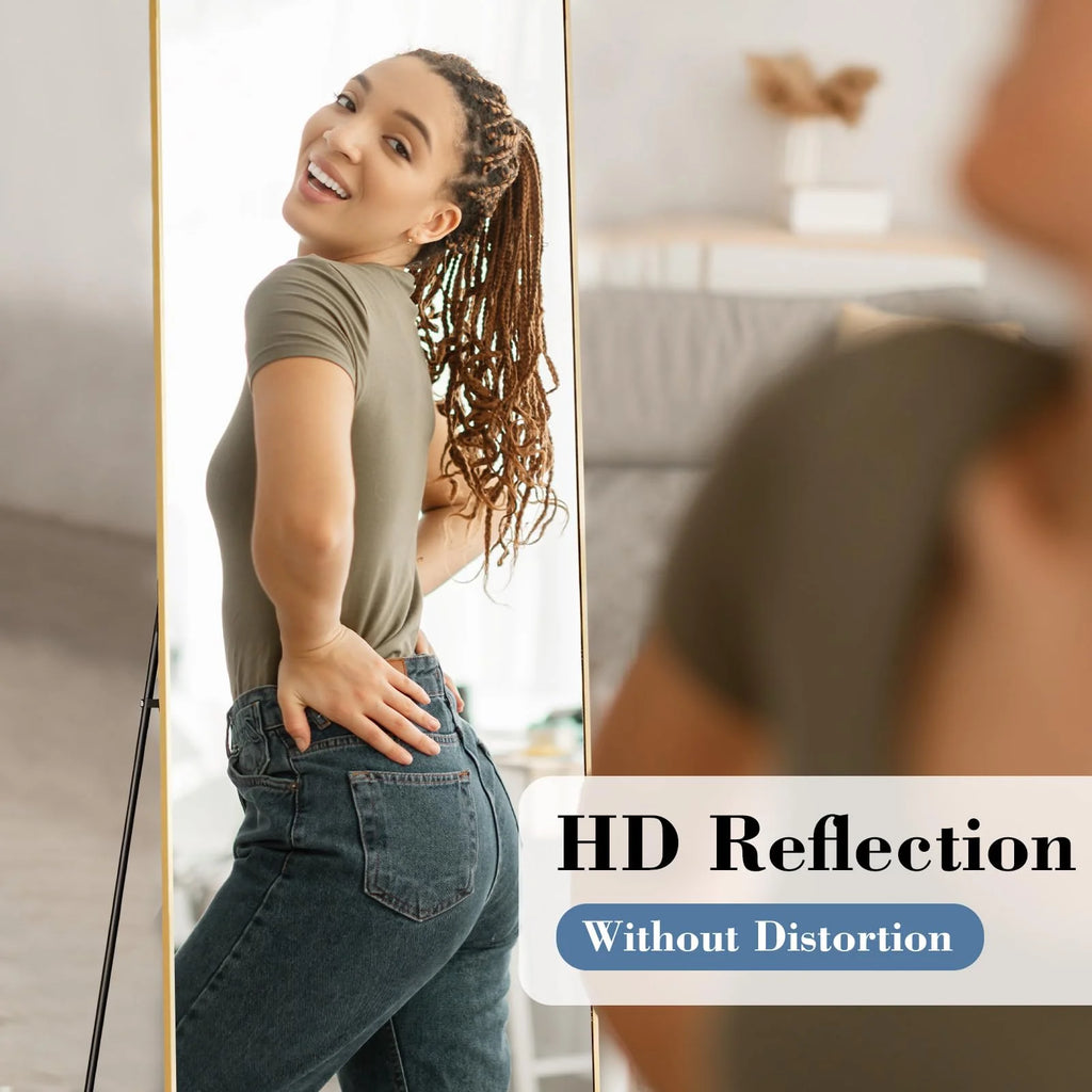 DUMOS Arched Full Length Mirror with Stand 64"x21" Floor Standing Aluminum Frame for Bedroom Body Hanging Leaning Modern Simple Home Decor Shatter-proorf Nano Glass Wall Living Room Cloakroom Black