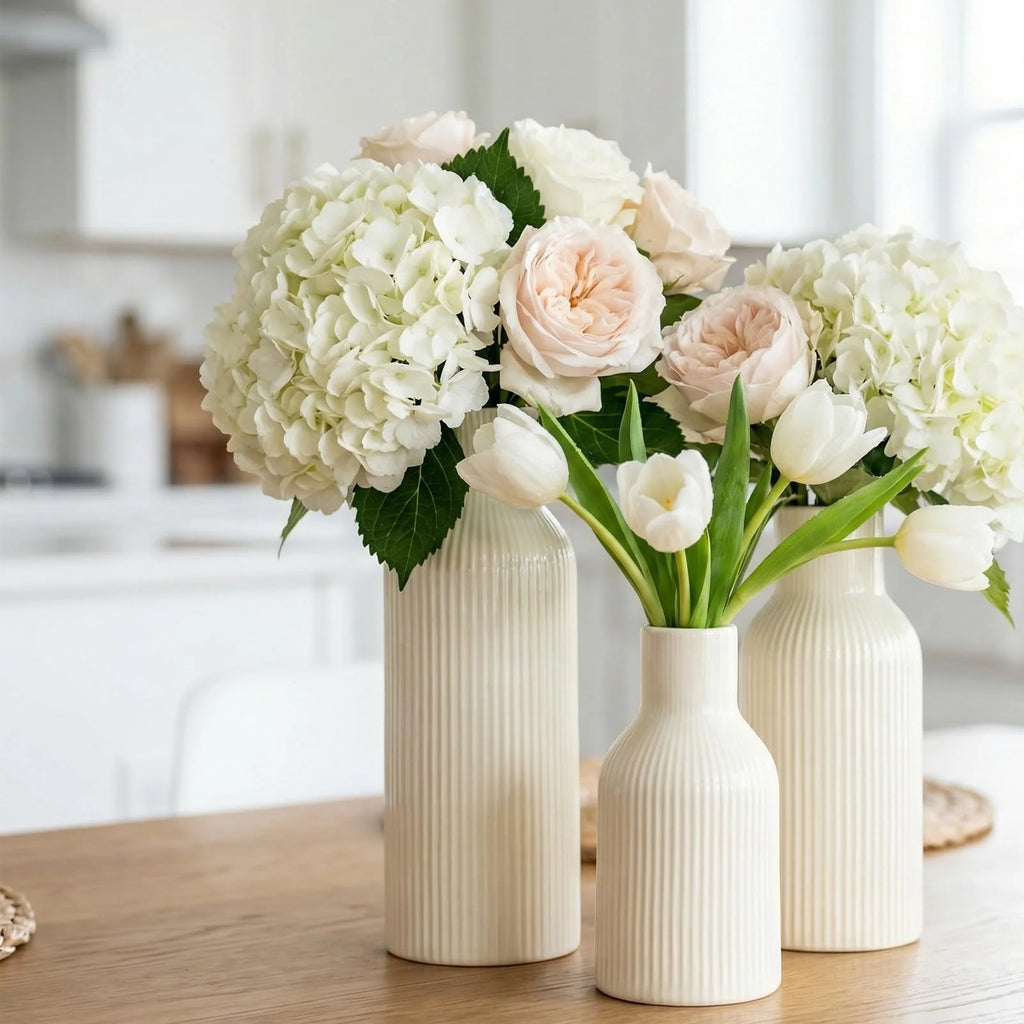 Ceramic Vases Set of 3 – Modern Matte Ribbed Vases for Pampas Grass & Dried Flowers | Boho, Farmhouse & Minimalist Home Decor