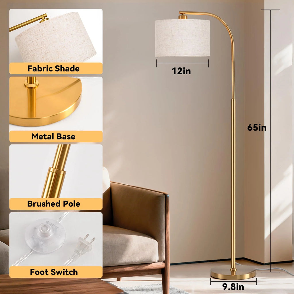 Tall Floor Lamp for Living Room, 65" Modern Standing Lamps with 9W LED Bulb, Elegant Floor Light with Fabric Shade Gold Tall Lamp for Bedroom Office Study Room Corner Dining Room