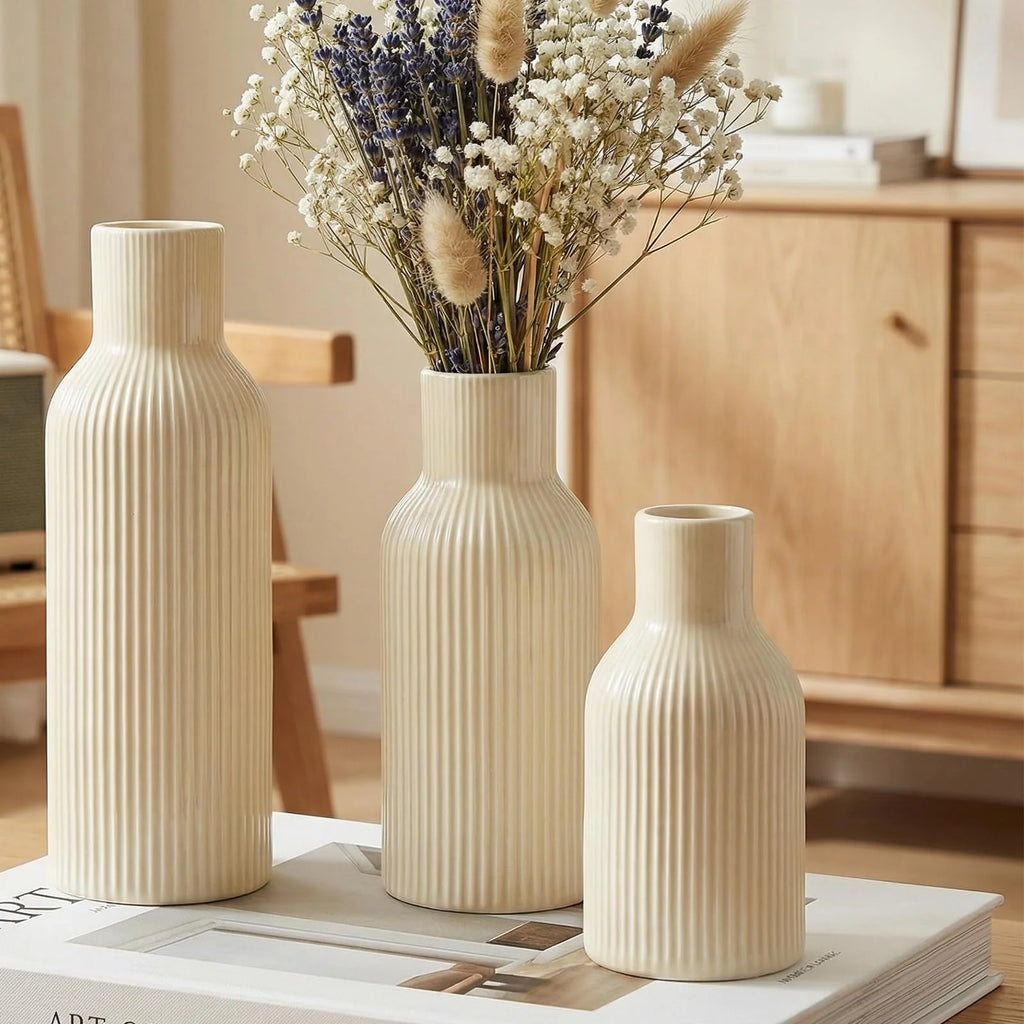 Ceramic Vases Set of 3 – Modern Matte Ribbed Vases for Pampas Grass & Dried Flowers | Boho, Farmhouse & Minimalist Home Decor