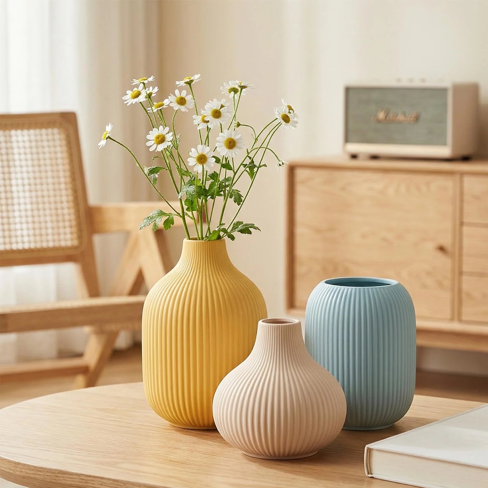 Ceramic Vases Set of 3 – Modern Matte Ribbed Vases for Pampas Grass & Dried Flowers | Boho, Farmhouse & Minimalist Home Decor