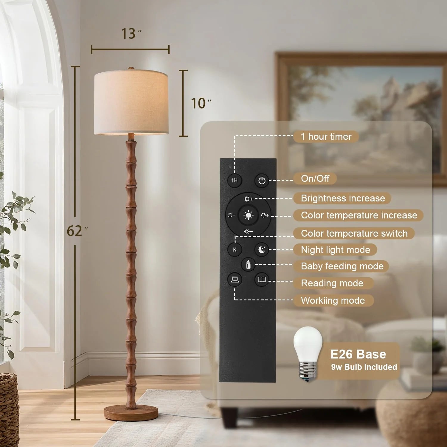 BOBOMOMO 62" Rustic Floor Lamp for Living Room, Retro Farmhouse Floor Lamp Rotary Switch, Resin Standing Lamp for Living Room, Corner, Dining Room, Bedroom, House