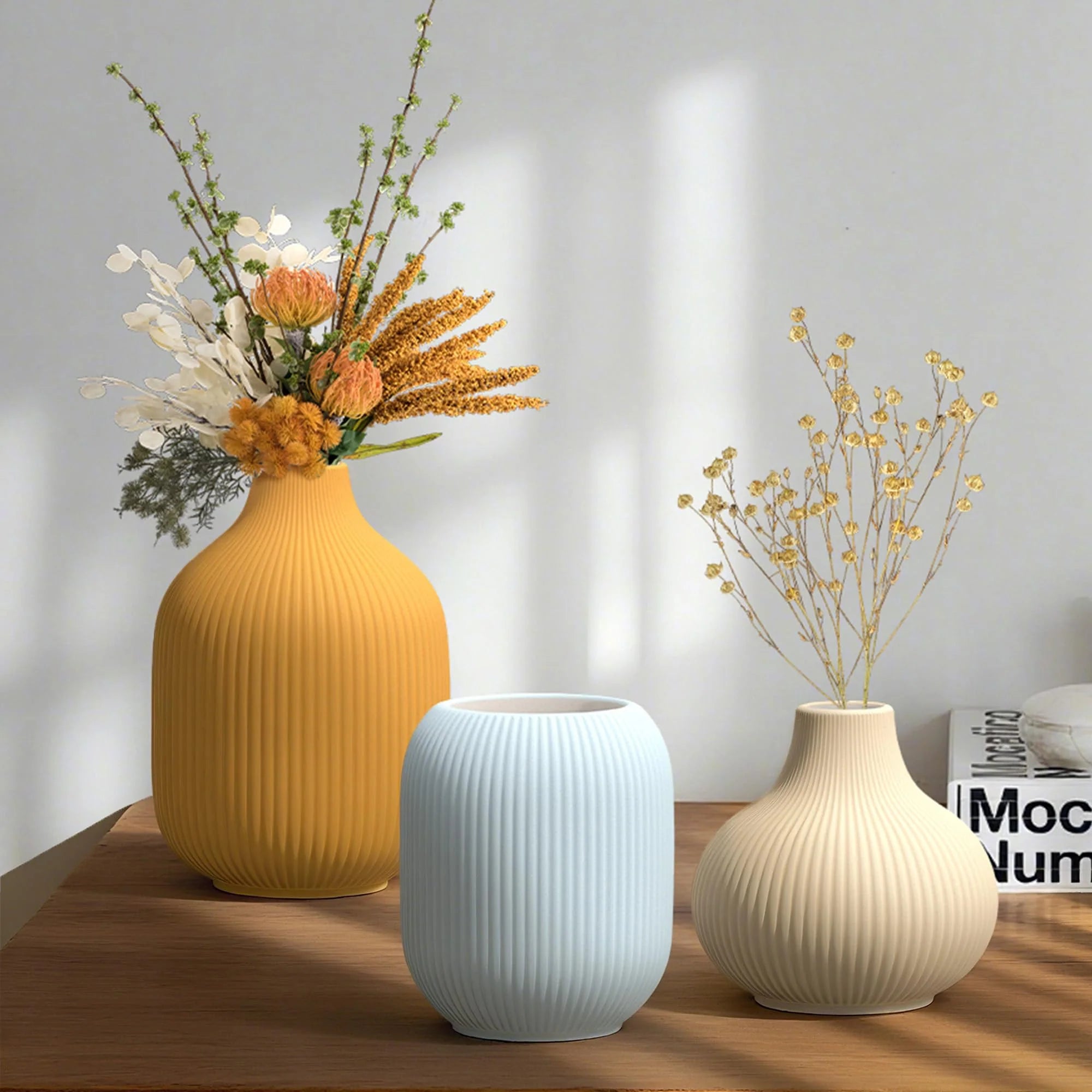 Ceramic Vases Set of 3 – Modern Matte Ribbed Vases for Pampas Grass & Dried Flowers | Boho, Farmhouse & Minimalist Home Decor