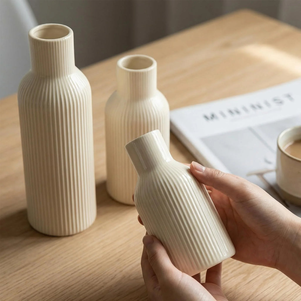 Ceramic Vases Set of 3 – Modern Matte Ribbed Vases for Pampas Grass & Dried Flowers | Boho, Farmhouse & Minimalist Home Decor