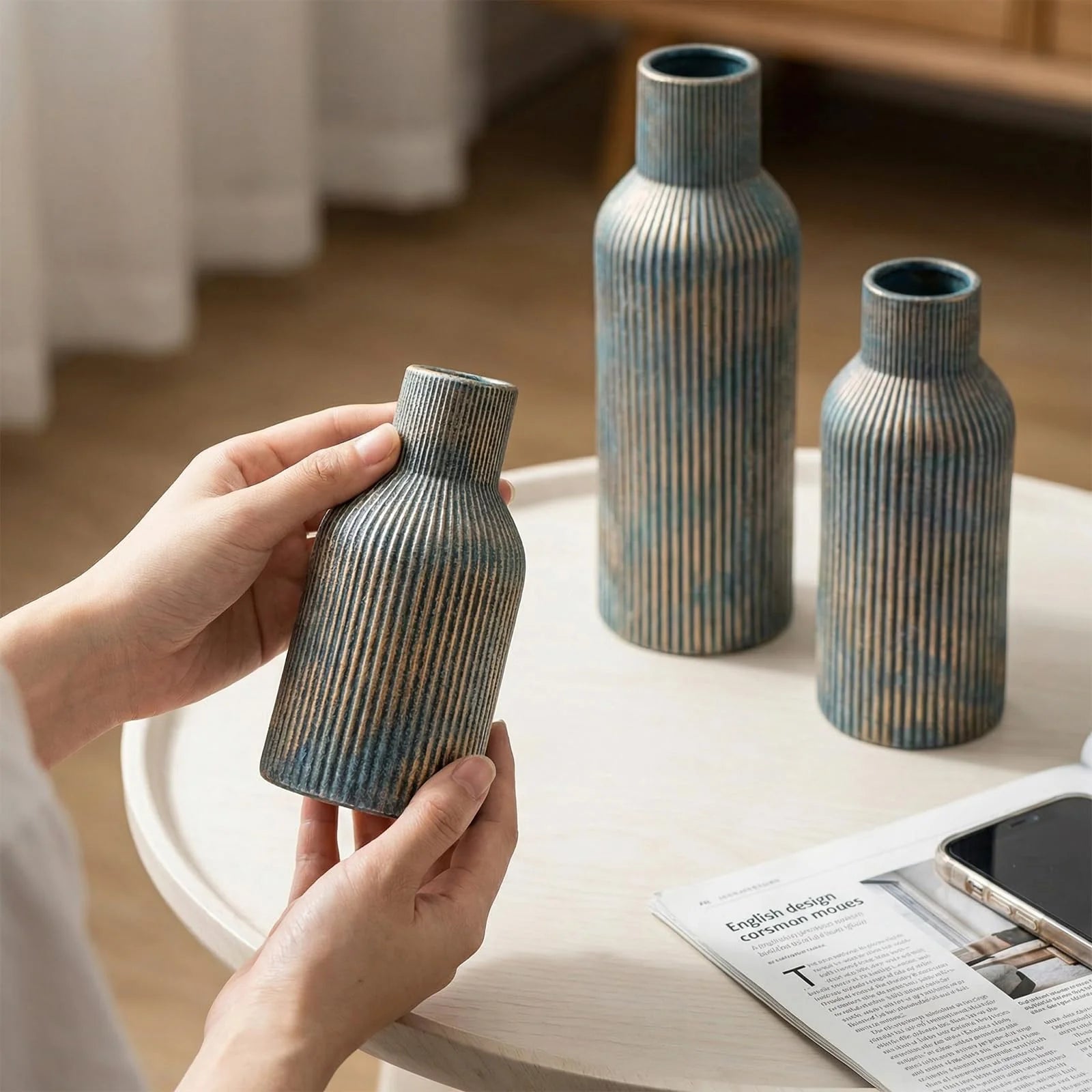 Ceramic Vases Set of 3 – Modern Matte Ribbed Vases for Pampas Grass & Dried Flowers | Boho, Farmhouse & Minimalist Home Decor