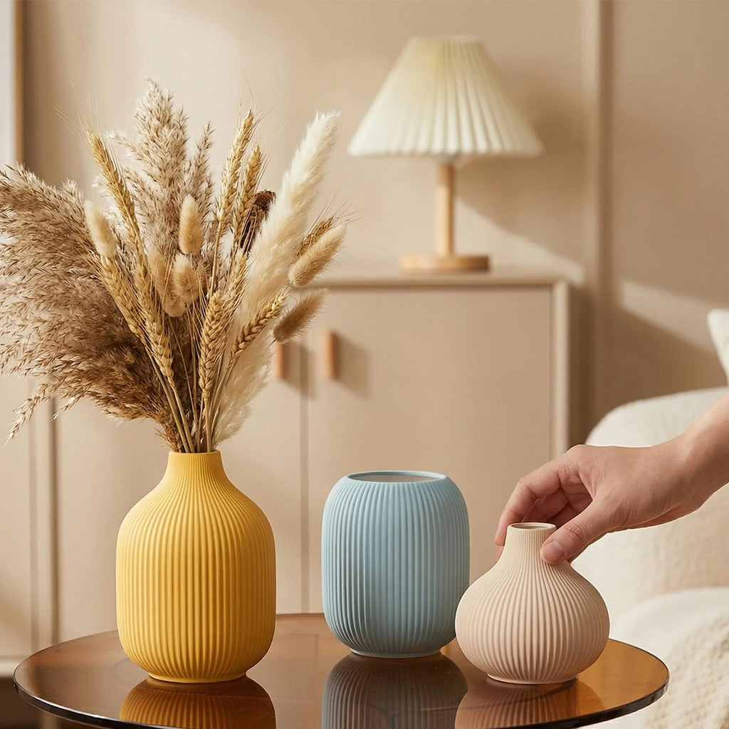 Ceramic Vases Set of 3 – Modern Matte Ribbed Vases for Pampas Grass & Dried Flowers | Boho, Farmhouse & Minimalist Home Decor