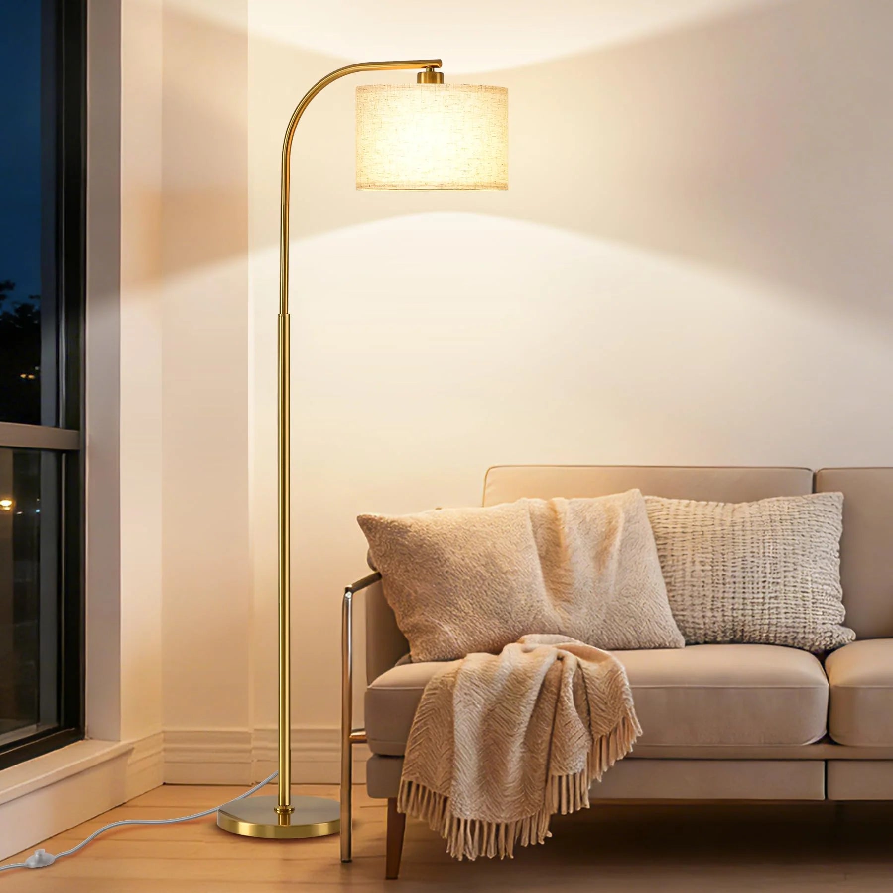 Tall Floor Lamp for Living Room, 65" Modern Standing Lamps with 9W LED Bulb, Elegant Floor Light with Fabric Shade Gold Tall Lamp for Bedroom Office Study Room Corner Dining Room