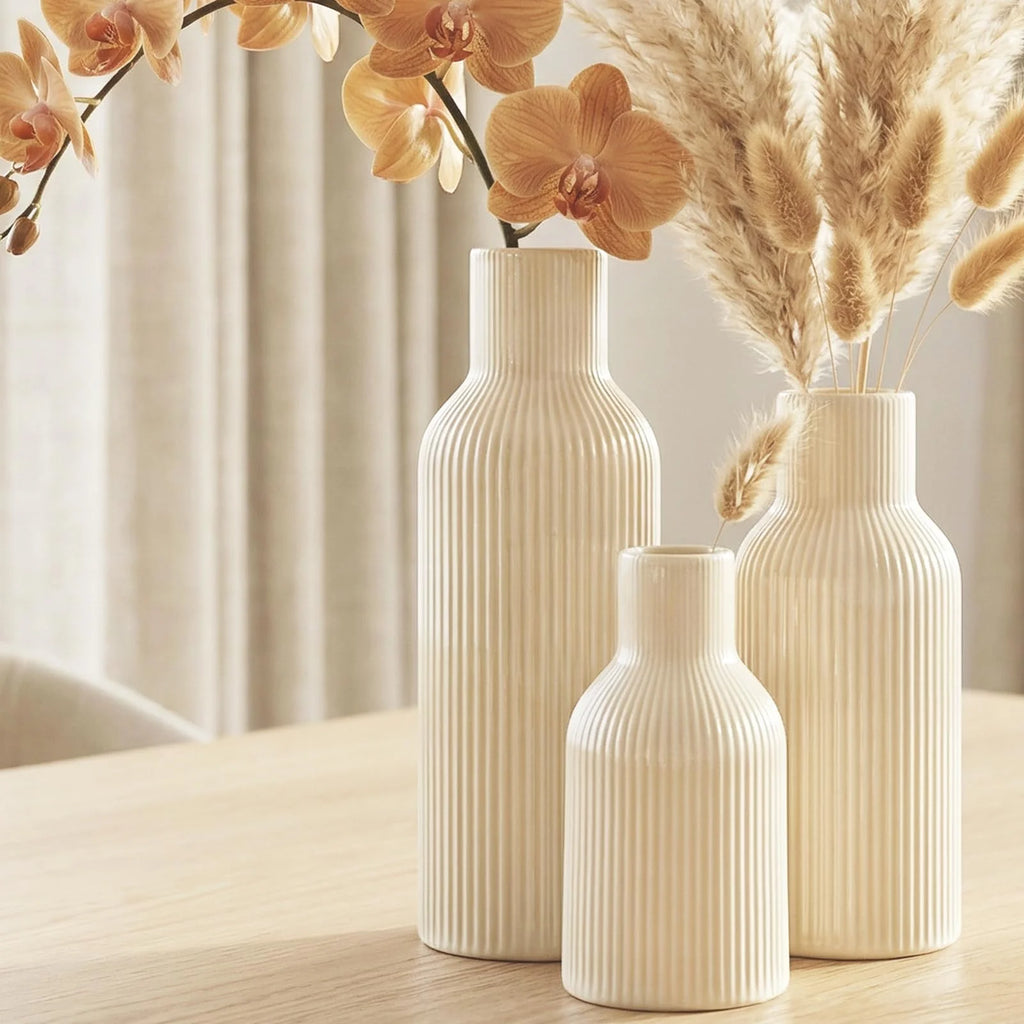 Ceramic Vases Set of 3 – Modern Matte Ribbed Vases for Pampas Grass & Dried Flowers | Boho, Farmhouse & Minimalist Home Decor