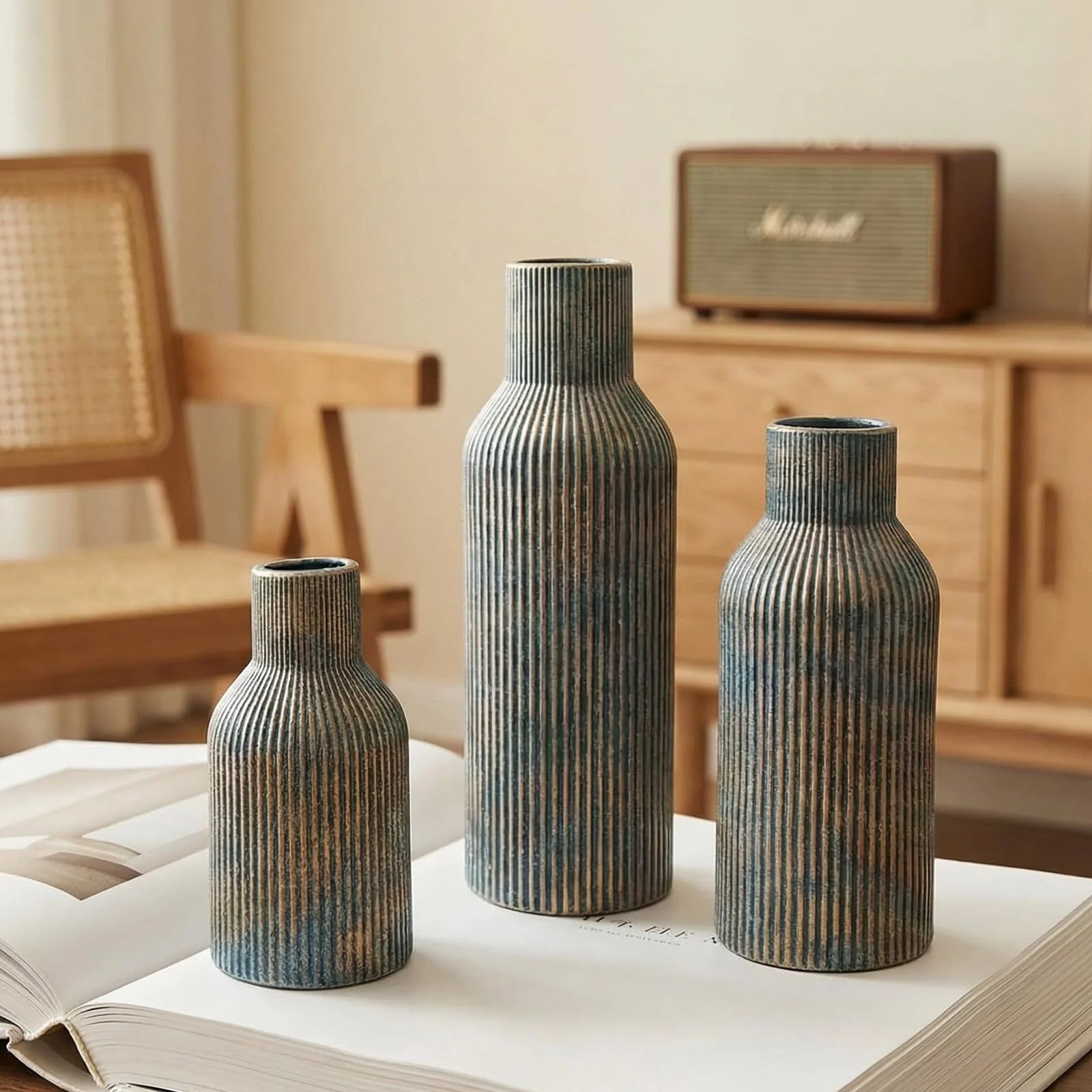 Ceramic Vases Set of 3 – Modern Matte Ribbed Vases for Pampas Grass & Dried Flowers | Boho, Farmhouse & Minimalist Home Decor