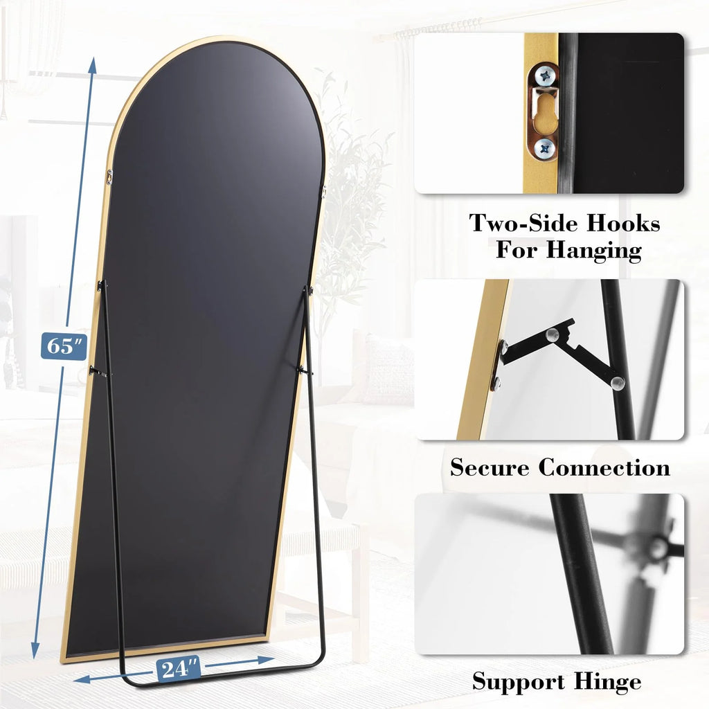 DUMOS Arched Full Length Mirror with Stand 64"x21" Floor Standing Aluminum Frame for Bedroom Body Hanging Leaning Modern Simple Home Decor Shatter-proorf Nano Glass Wall Living Room Cloakroom Black