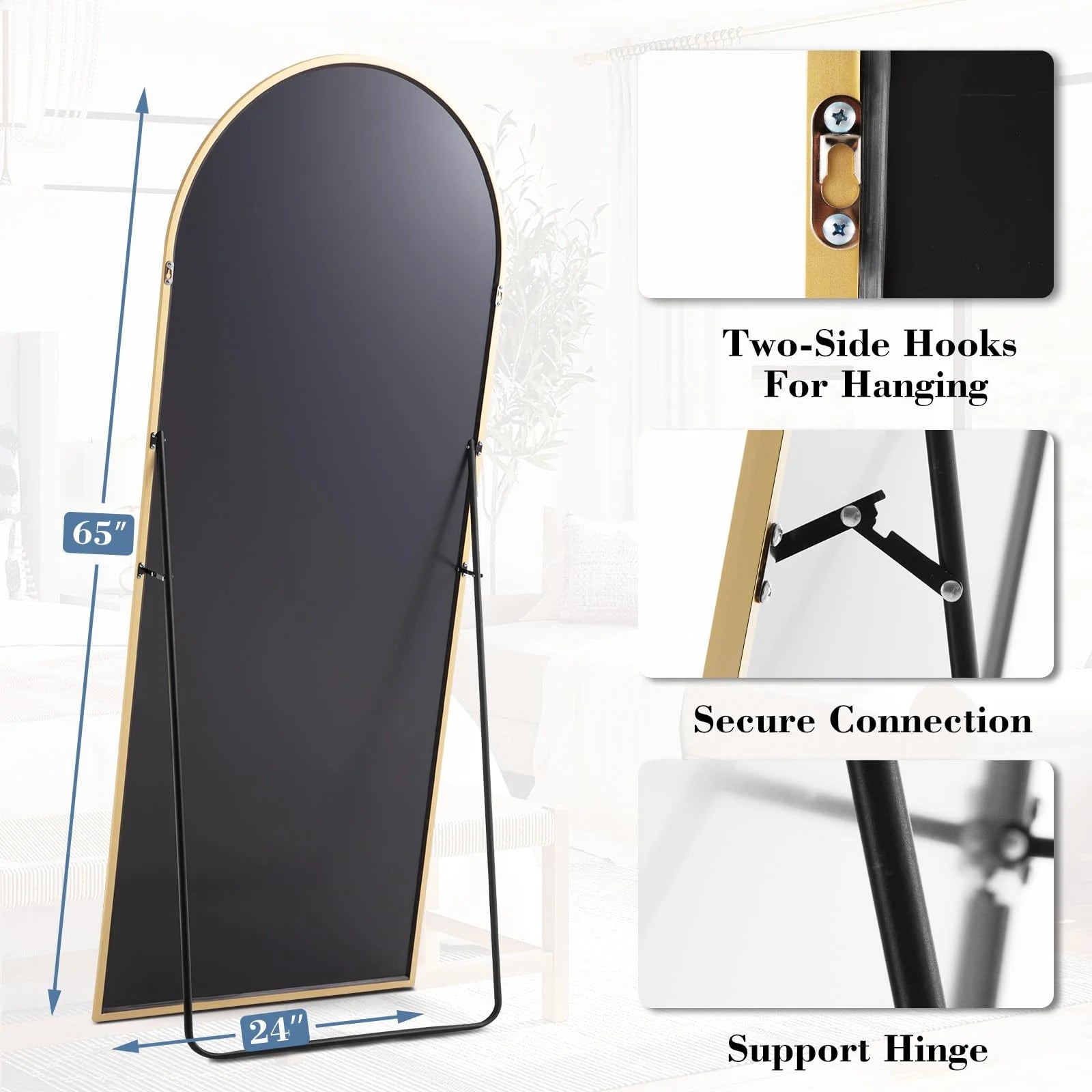 DUMOS Arched Full Length Mirror with Stand 64"x21" Floor Standing Aluminum Frame for Bedroom Body Hanging Leaning Modern Simple Home Decor Shatter-proorf Nano Glass Wall Living Room Cloakroom Black