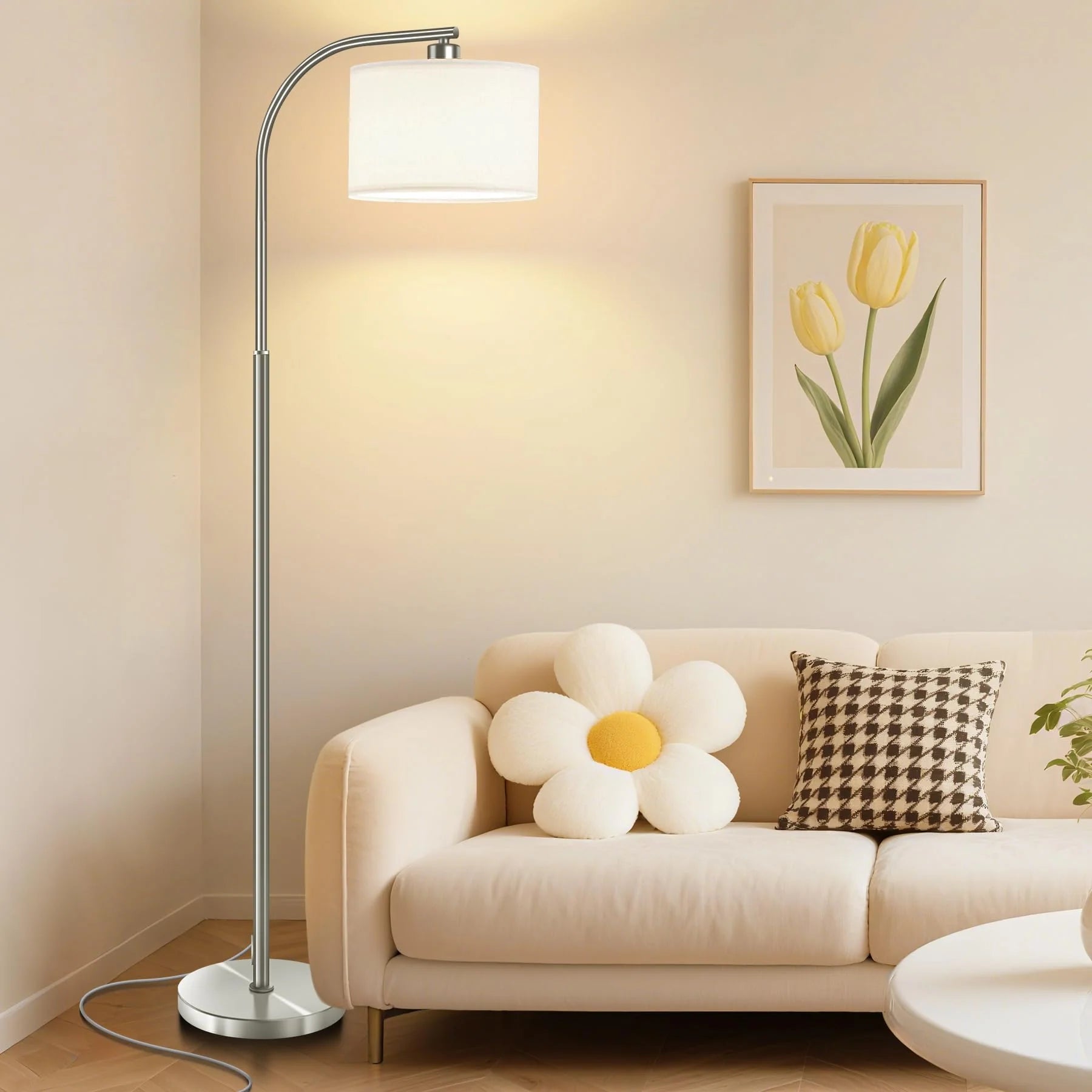 Tall Floor Lamp for Living Room, 65" Modern Standing Lamps with 9W LED Bulb, Elegant Floor Light with Fabric Shade Gold Tall Lamp for Bedroom Office Study Room Corner Dining Room