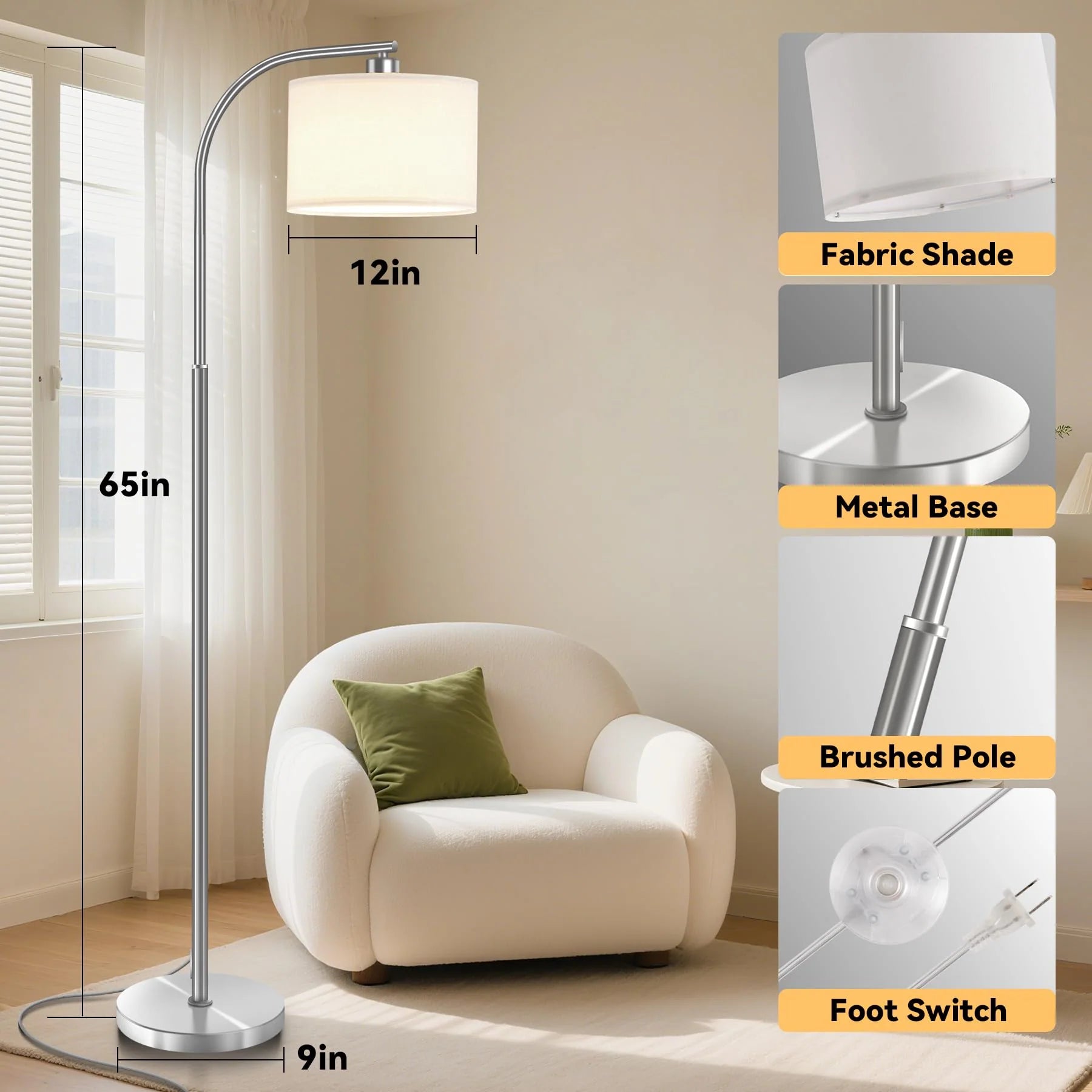 Tall Floor Lamp for Living Room, 65" Modern Standing Lamps with 9W LED Bulb, Elegant Floor Light with Fabric Shade Gold Tall Lamp for Bedroom Office Study Room Corner Dining Room