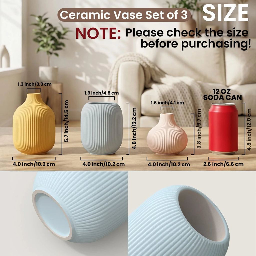 Ceramic Vases Set of 3 – Modern Matte Ribbed Vases for Pampas Grass & Dried Flowers | Boho, Farmhouse & Minimalist Home Decor