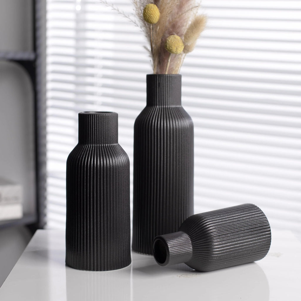Ceramic Vases Set of 3 – Modern Matte Ribbed Vases for Pampas Grass & Dried Flowers | Boho, Farmhouse & Minimalist Home Decor
