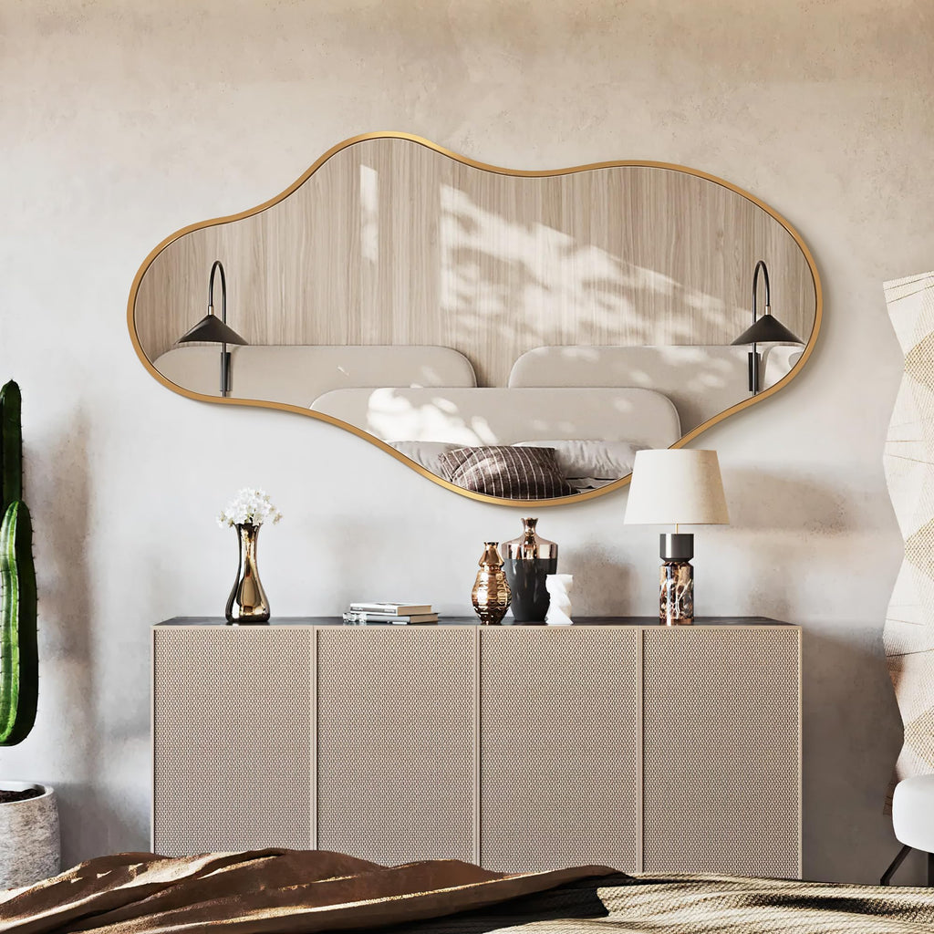 Dorlicecass Irregular Wall Mirror - Wall Mirrors Decorative 22"x 36" Asymmetrical Abstract Mirror Aviation Aluminum Alloy Frame Unique for Bathroom, Bedroom, Living Room, Cloakroom, Entryway Gold