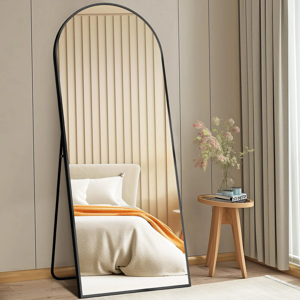 DUMOS Arched Full Length Mirror with Stand 64"x21" Floor Standing Aluminum Frame for Bedroom Body Hanging Leaning Modern Simple Home Decor Shatter-proorf Nano Glass Wall Living Room Cloakroom Black