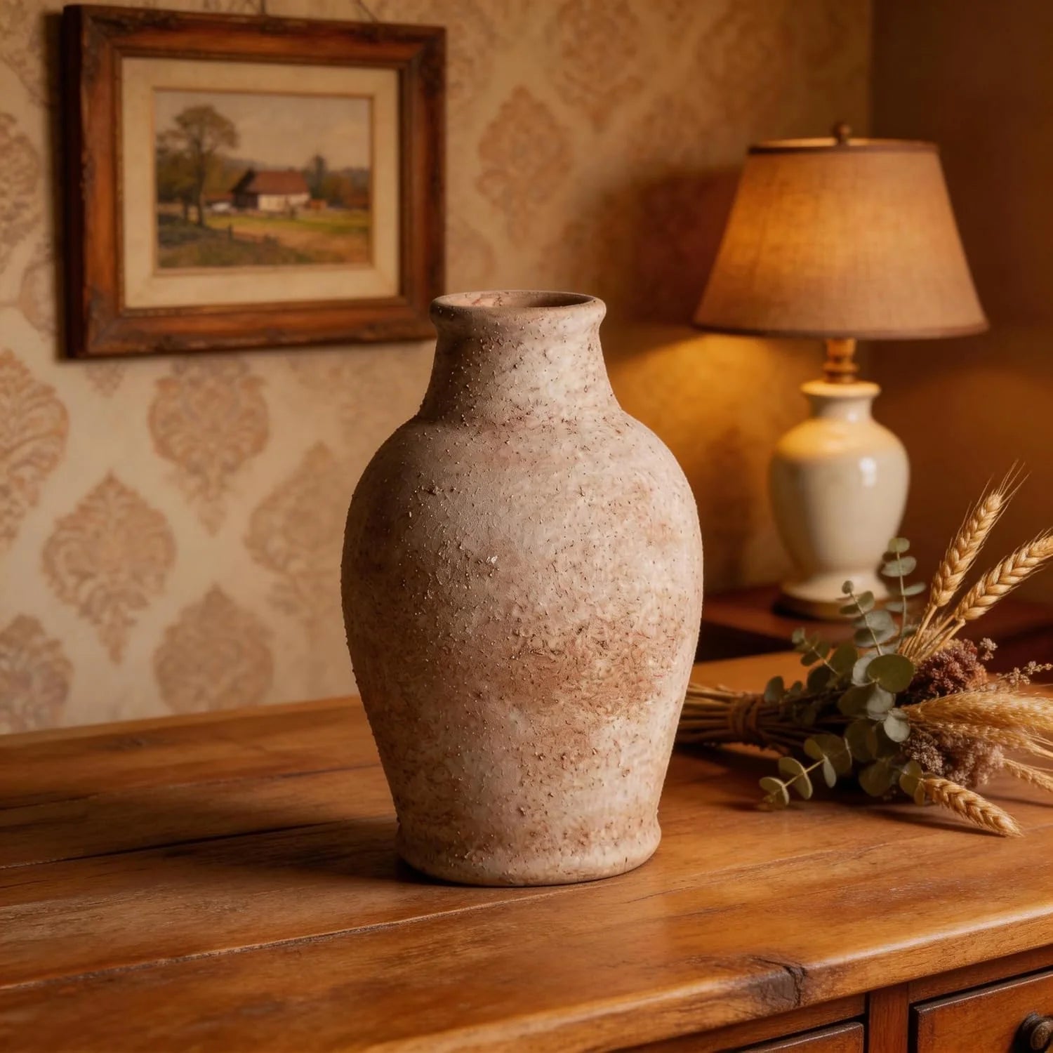 Handmade Rustic Ceramic Decorative Vase 8.3" x 5.5" Inches Off White Handcrafted in Vintage Style Complements Rustic Country and Various Decor Themes