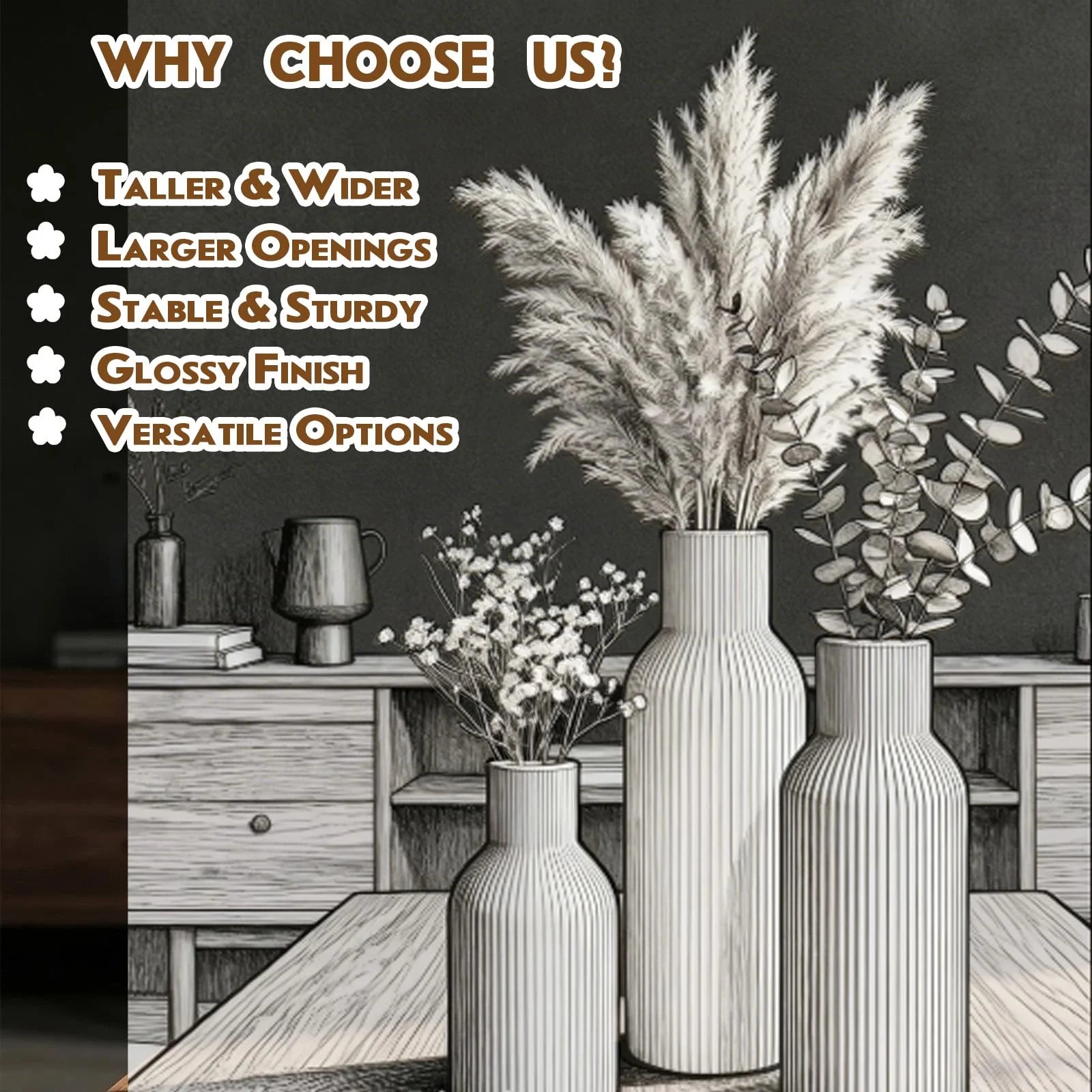 Ceramic Vases Set of 3 – Modern Matte Ribbed Vases for Pampas Grass & Dried Flowers | Boho, Farmhouse & Minimalist Home Decor