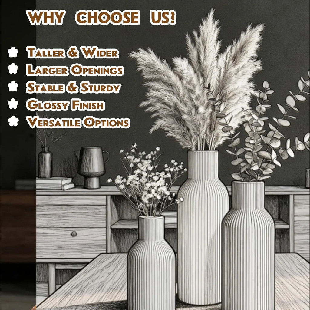 Ceramic Vases Set of 3 – Modern Matte Ribbed Vases for Pampas Grass & Dried Flowers | Boho, Farmhouse & Minimalist Home Decor