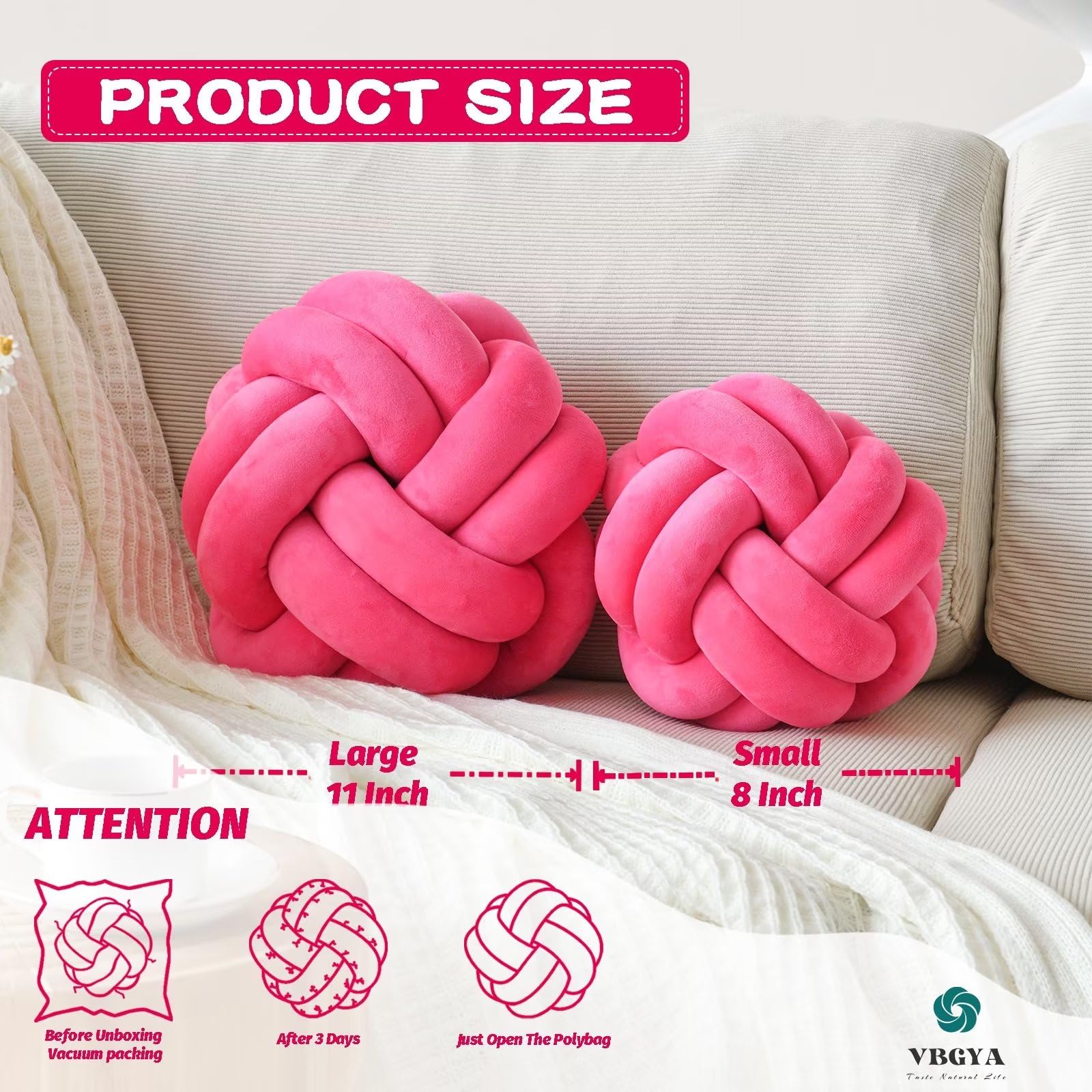 Knot Pillow Ball Soft Home Decorative Throw Pillows Cushion Round Changeability Knotted Pillows Modern Home Handmade Cushions for Bedroom Sofa Couch 8 Inch Hot Pink