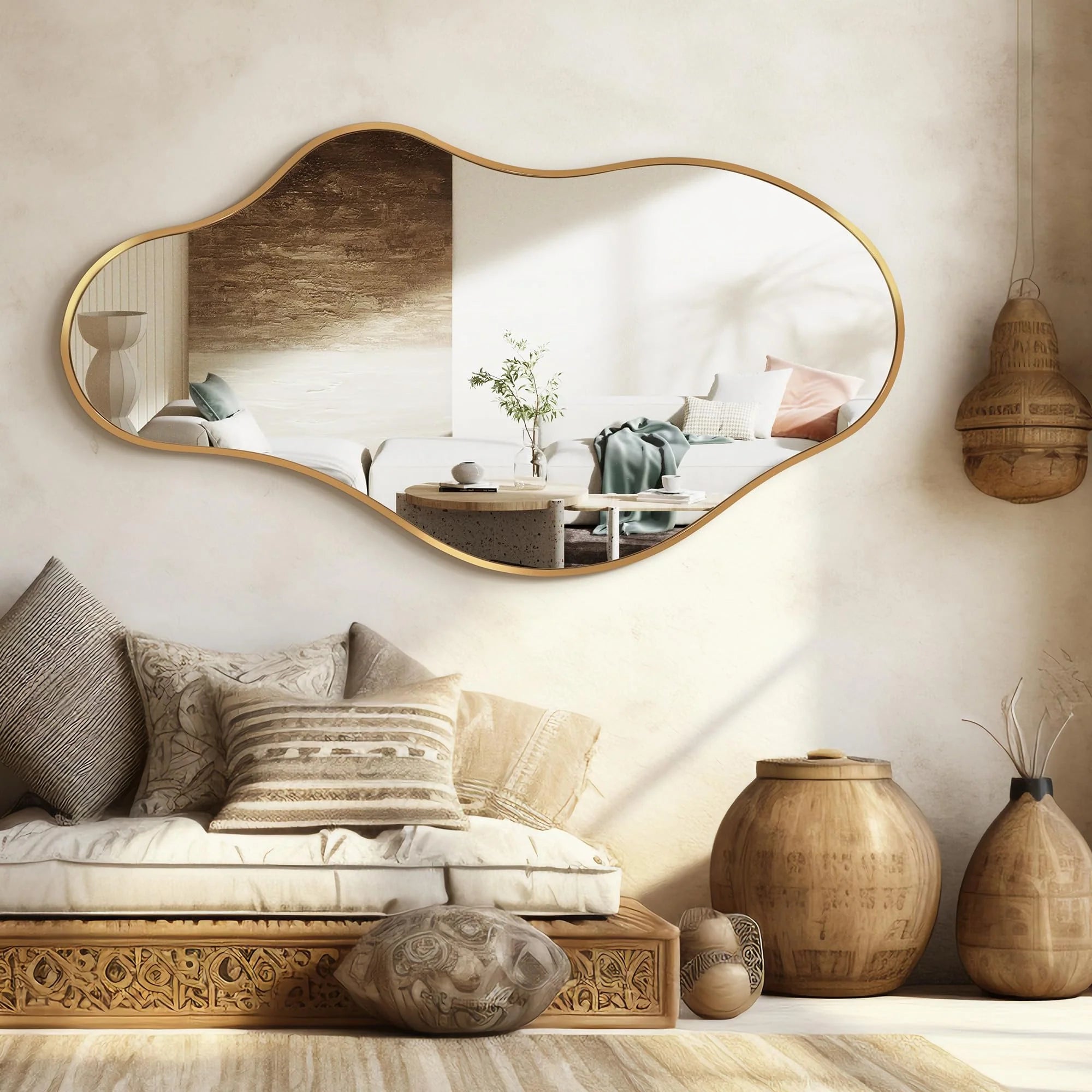 Dorlicecass Irregular Wall Mirror - Wall Mirrors Decorative 22"x 36" Asymmetrical Abstract Mirror Aviation Aluminum Alloy Frame Unique for Bathroom, Bedroom, Living Room, Cloakroom, Entryway Gold
