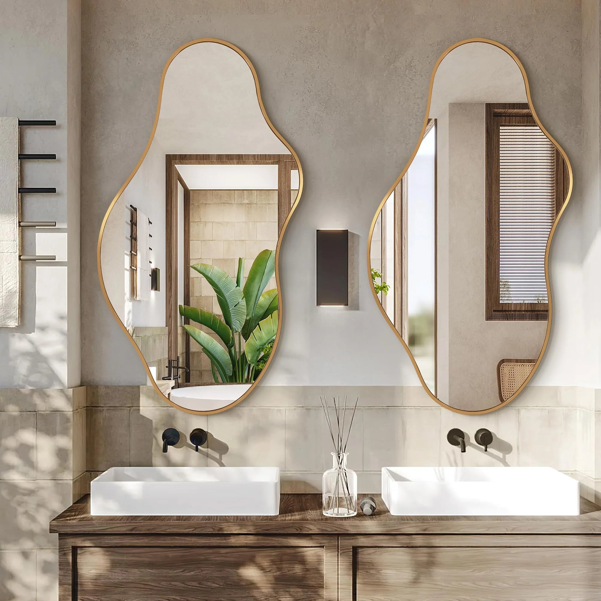 Dorlicecass Irregular Wall Mirror - Wall Mirrors Decorative 22"x 36" Asymmetrical Abstract Mirror Aviation Aluminum Alloy Frame Unique for Bathroom, Bedroom, Living Room, Cloakroom, Entryway Gold