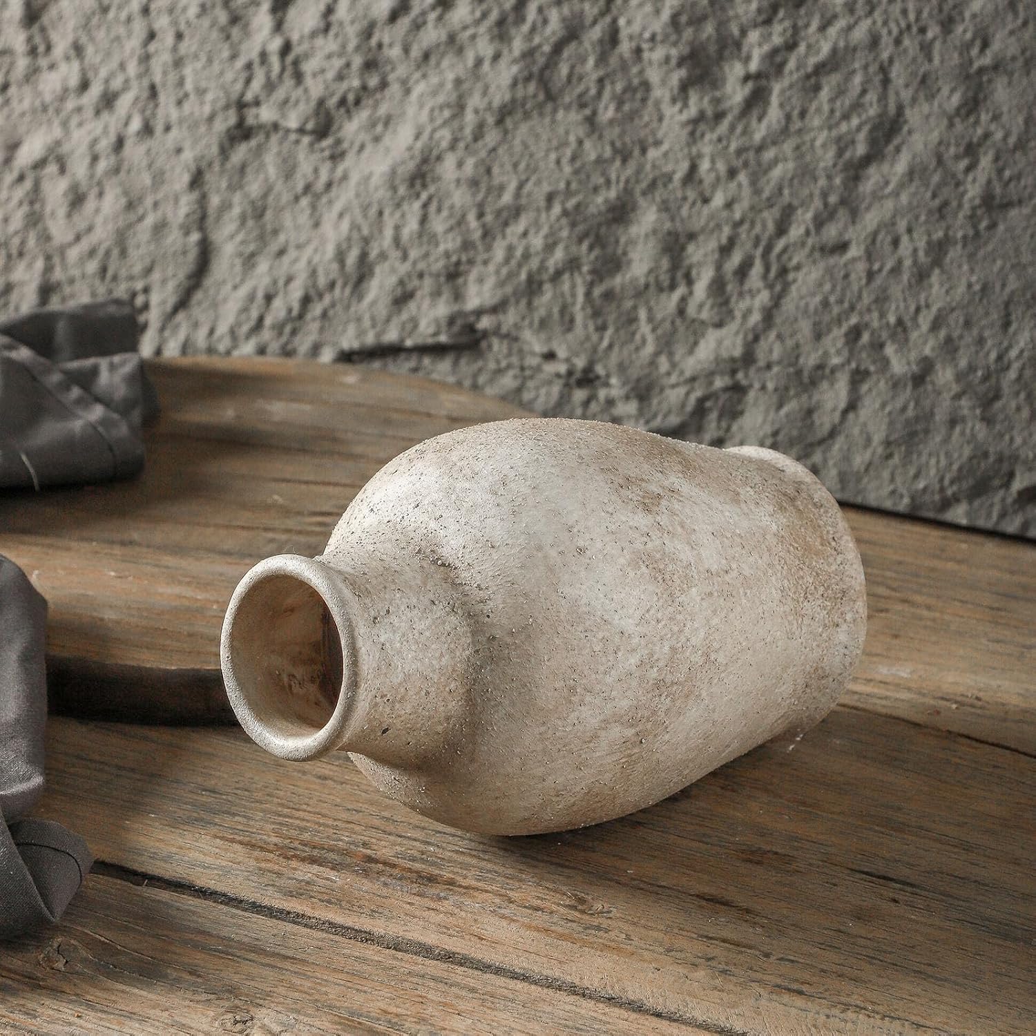 Handmade Rustic Ceramic Decorative Vase 8.3" x 5.5" Inches Off White Handcrafted in Vintage Style Complements Rustic Country and Various Decor Themes