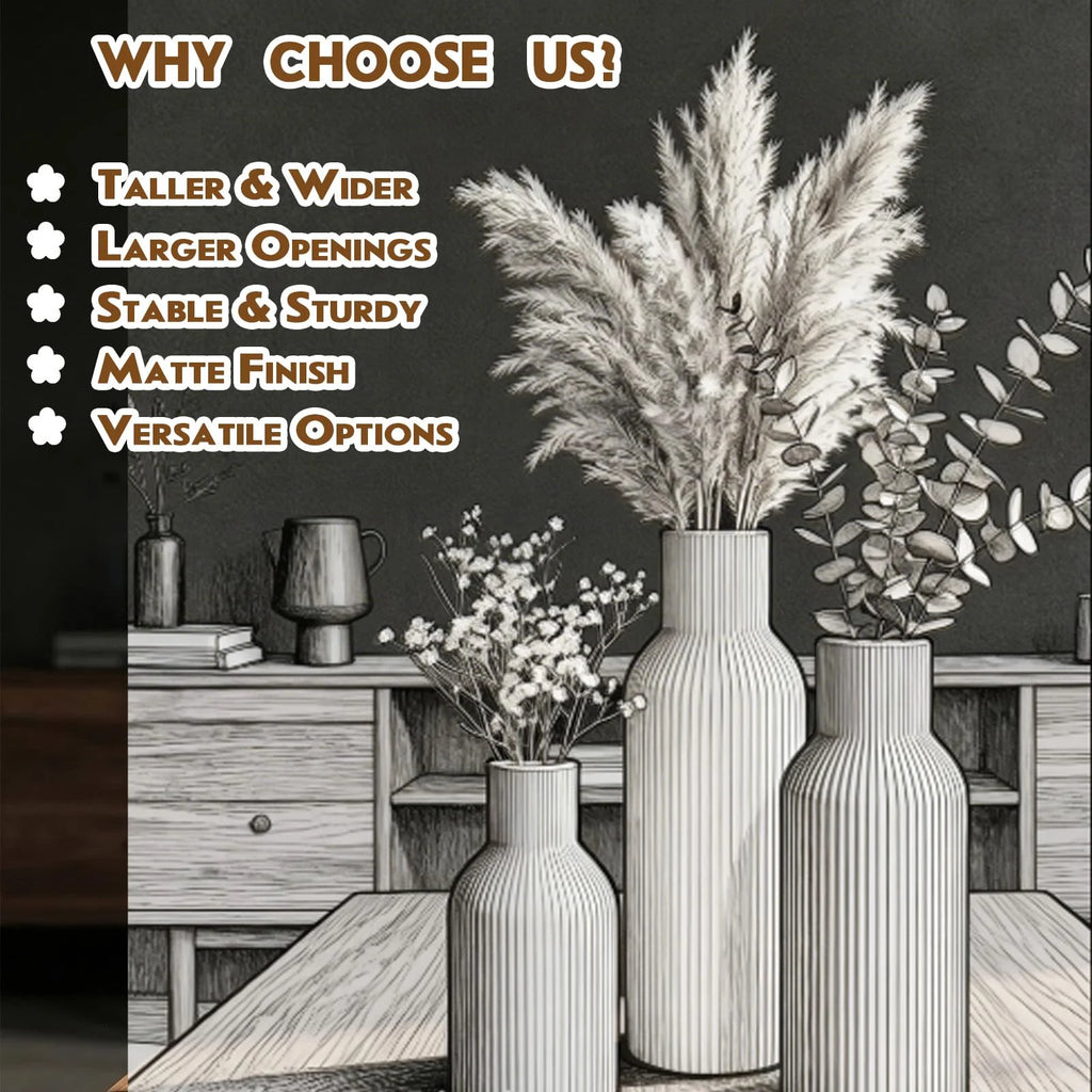 Ceramic Vases Set of 3 – Modern Matte Ribbed Vases for Pampas Grass & Dried Flowers | Boho, Farmhouse & Minimalist Home Decor