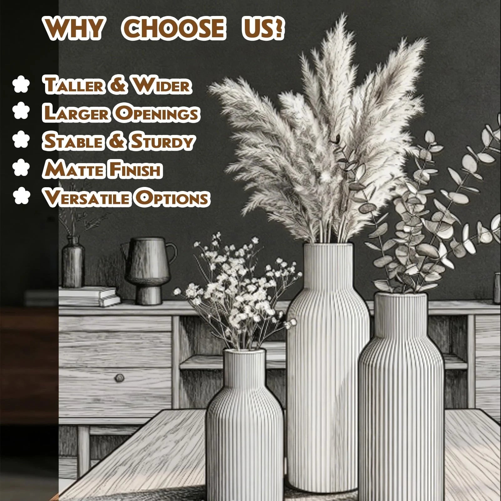 Ceramic Vases Set of 3 – Modern Matte Ribbed Vases for Pampas Grass & Dried Flowers | Boho, Farmhouse & Minimalist Home Decor