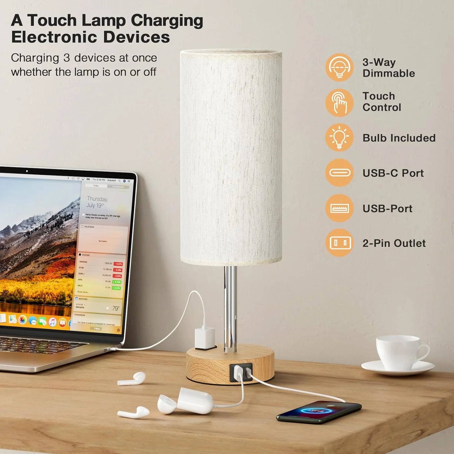 Bedside Table Lamp – 3-Way Dimmable Touch Lamp with USB-C Charging Port & AC Outlet | Wood Base, Fabric Shade, LED Bulb Included