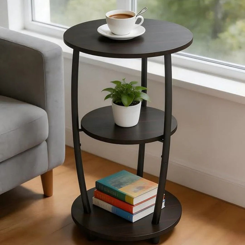3-Tier Round Side Table – Small End Table with Storage Shelves | Metal Frame, Wood Shelves, Rustic Brown